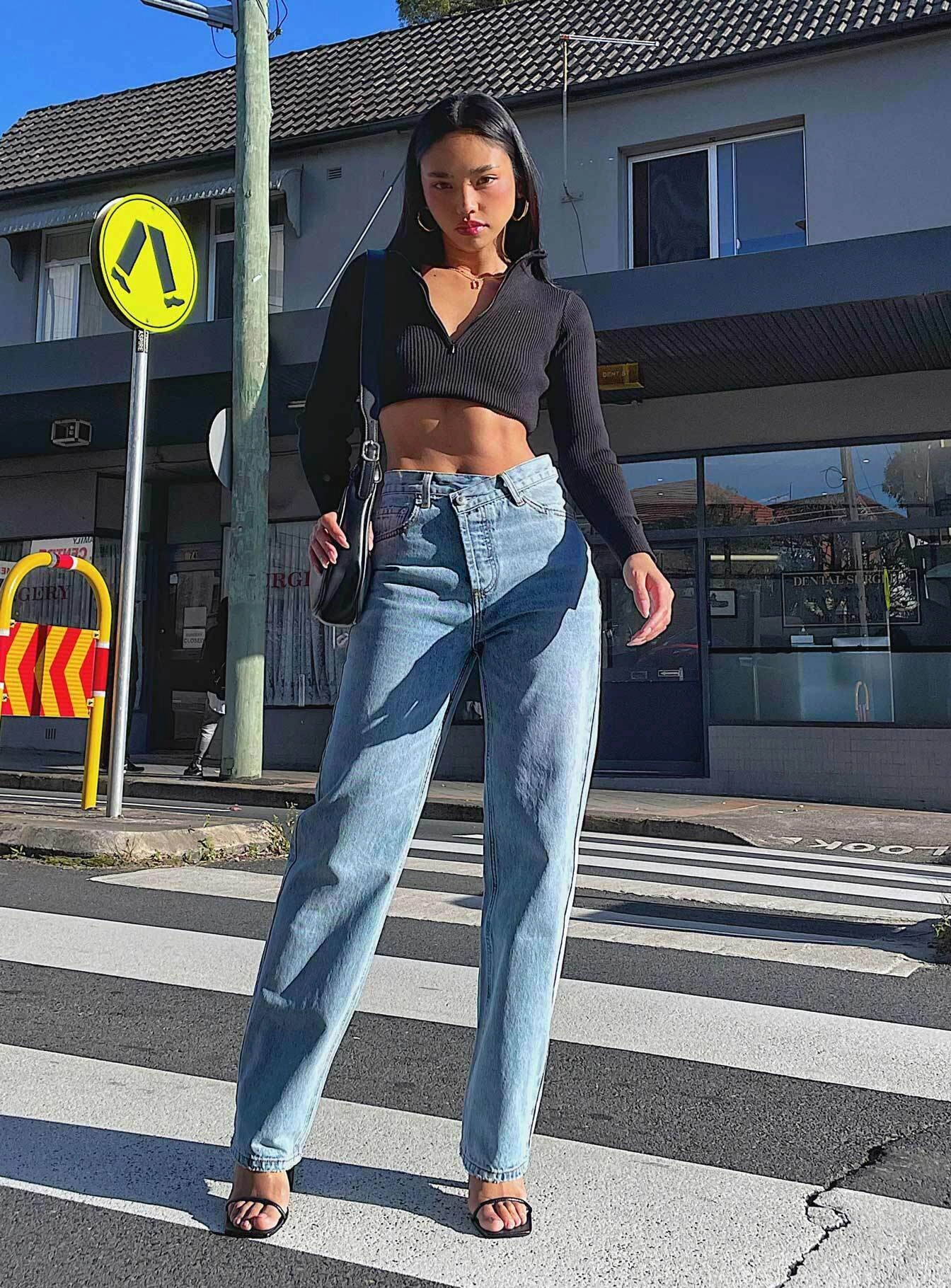 Holly Asymmetric Straight Leg Jean Light Wash Denim Neutral Outfit Piece
