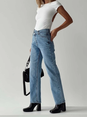 Modern Earthy Holly Asymmetric Straight Leg Jean Light Wash Denim