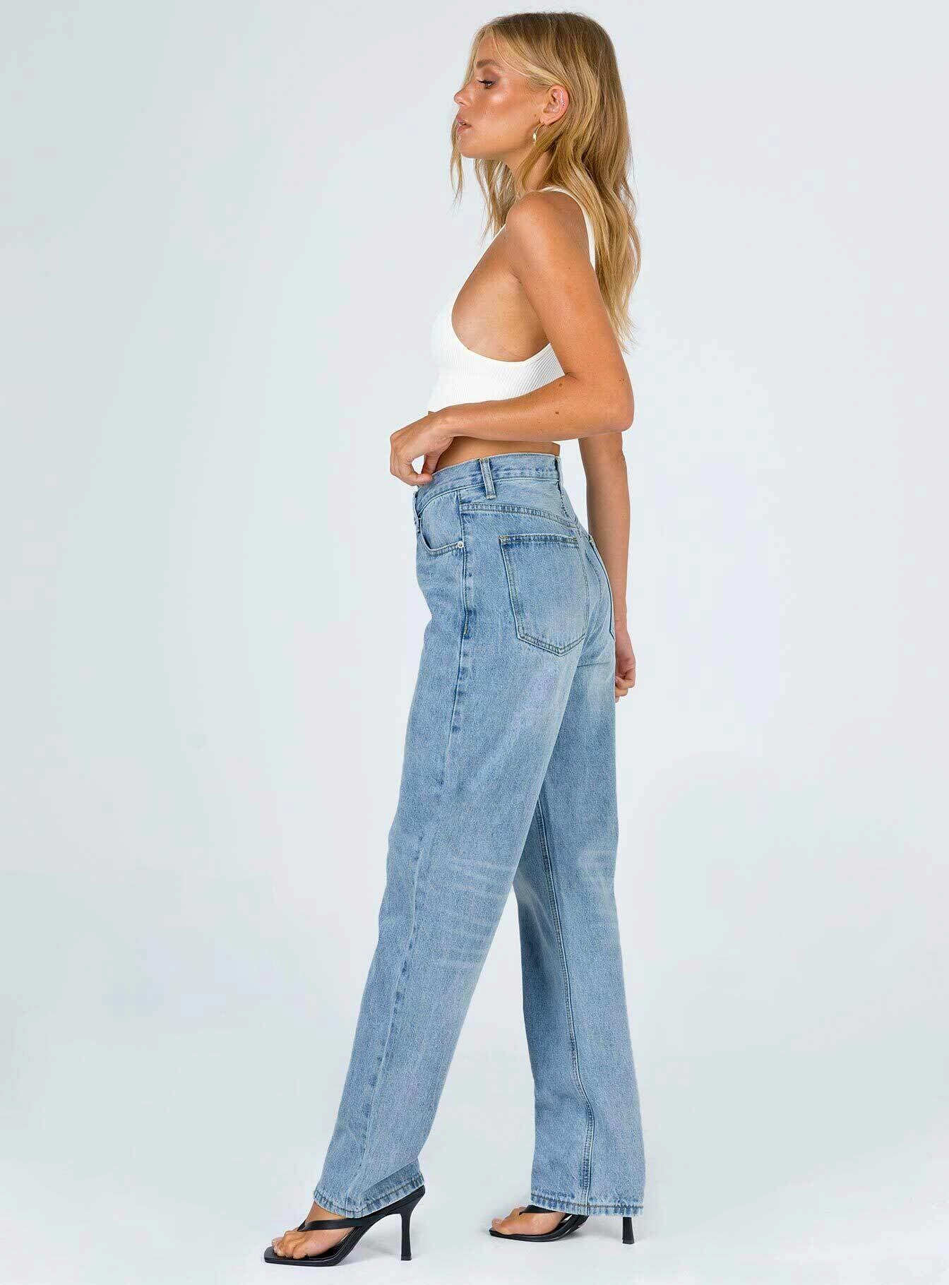 Holiday Vibes Date Night Lightweight Gym Ready Vibrant Bold Holly Asymmetric Straight Leg Jean Light Wash Denim