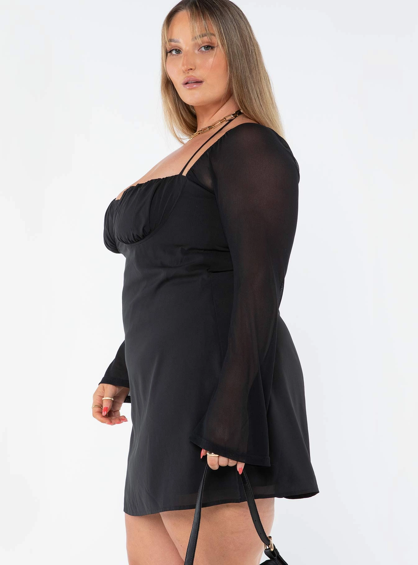 Dyer Sheer Sleeve Mini Dress Black Curve Silk Flow