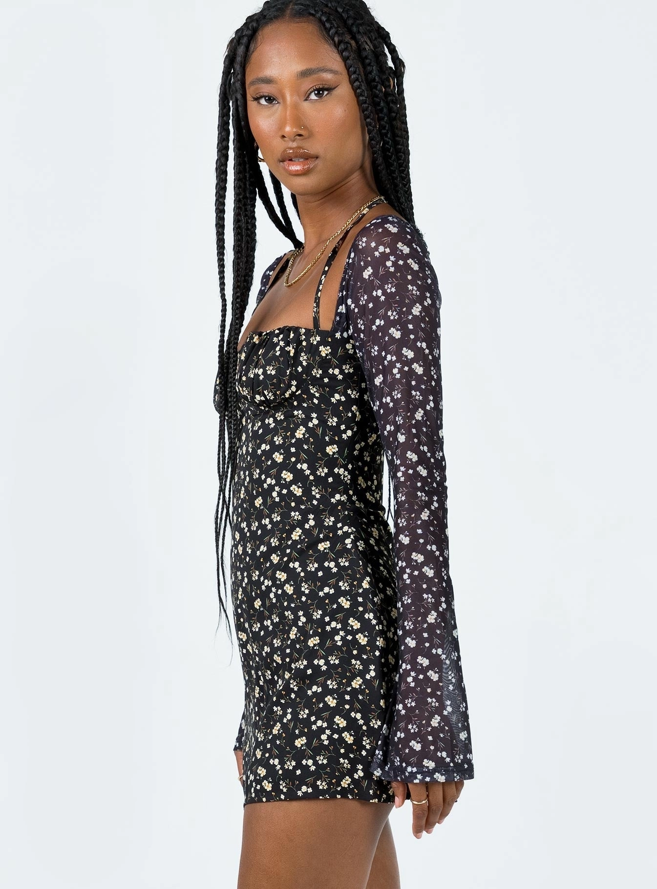 Dyer Sheer Sleeve Mini Dress Black Floral Light Fall Chilly Comfort