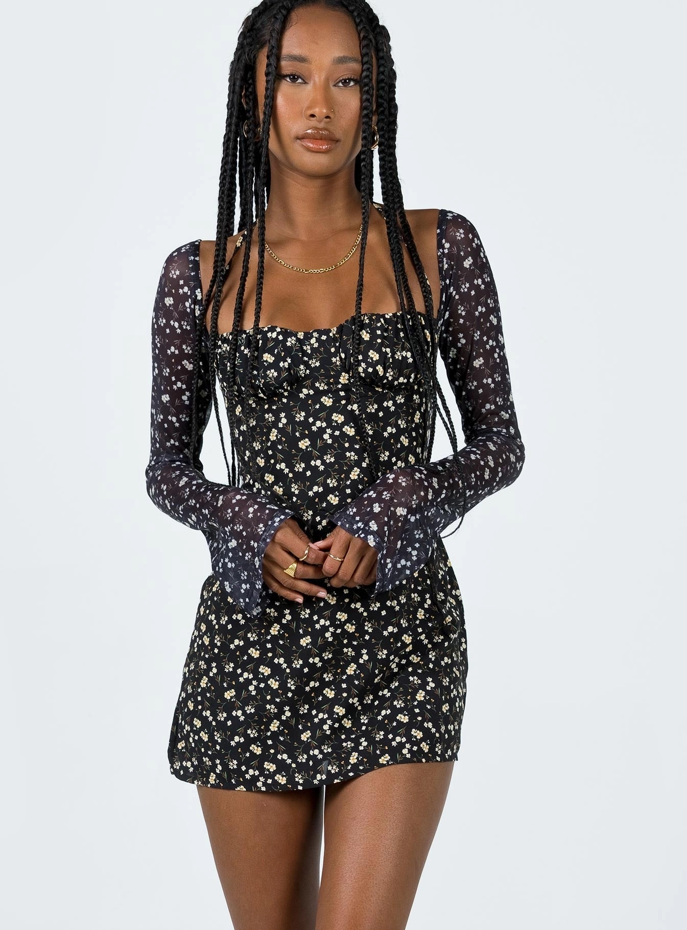 Lightweight-Comfort Dyer Sheer Sleeve Mini Dress Black Floral