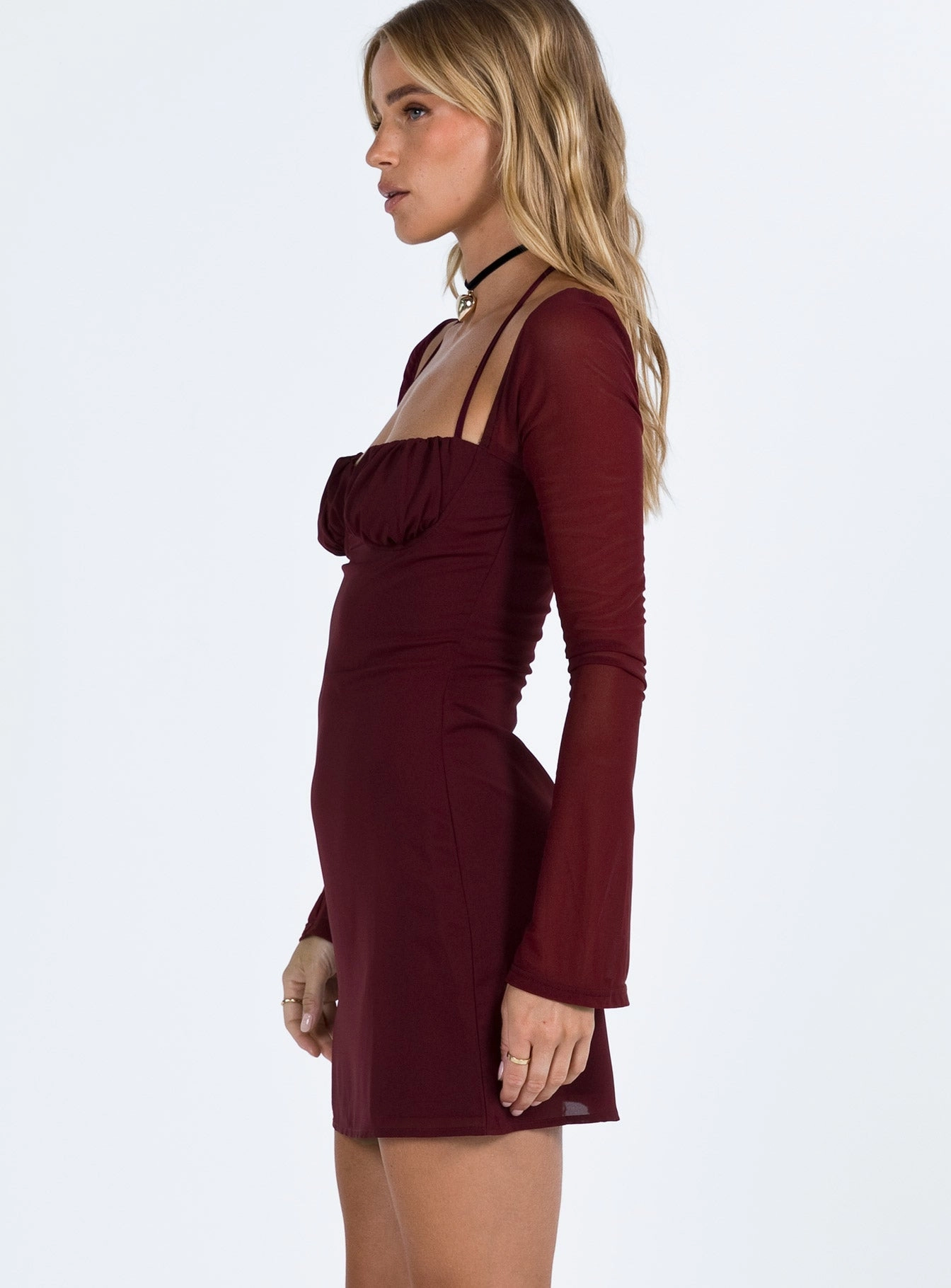 Dyer Sheer Sleeve Mini Dress Burgundy Flare Swing