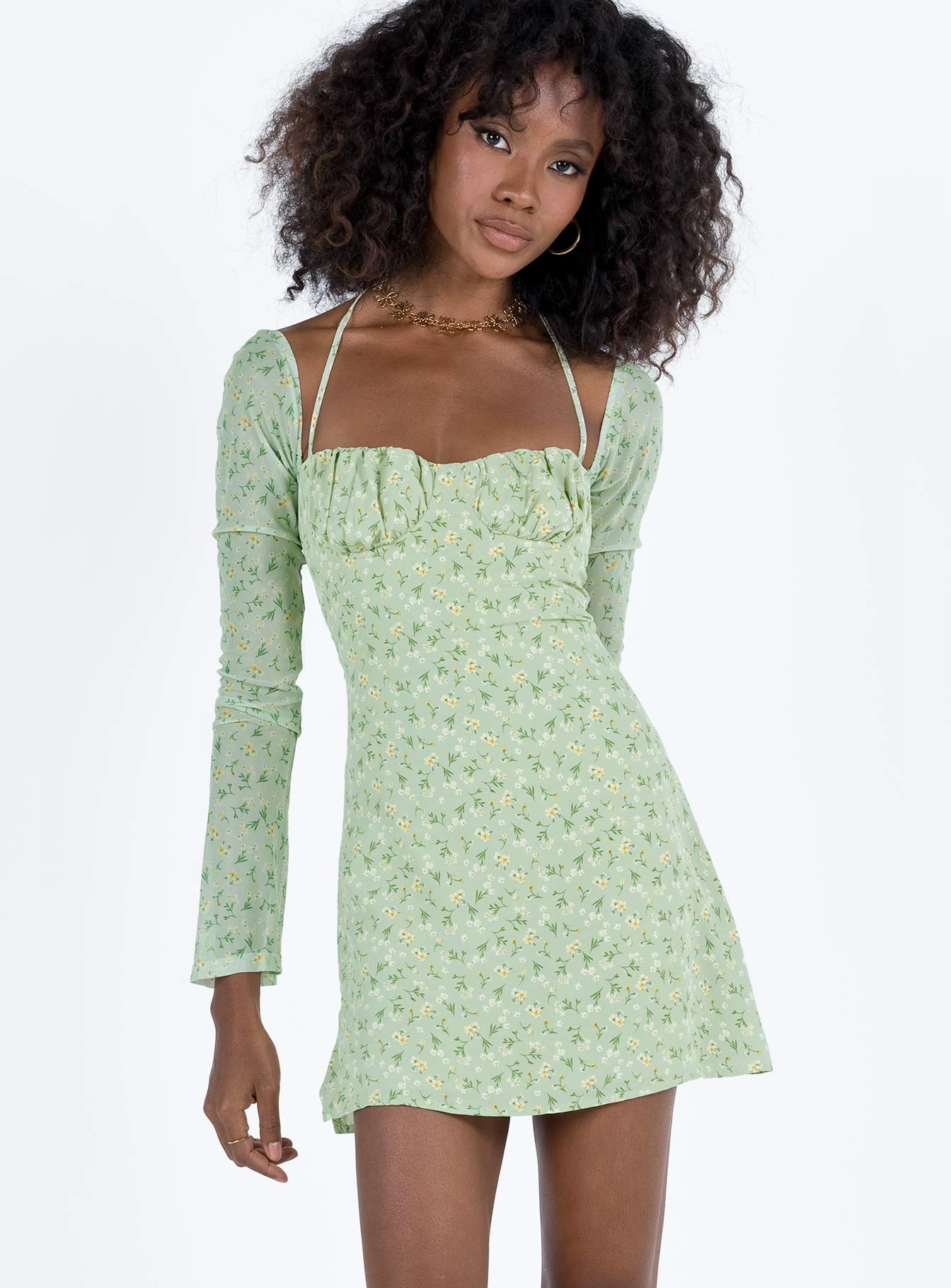 Dyer Sheer Sleeve Mini Dress Green Floral Bold Patterns