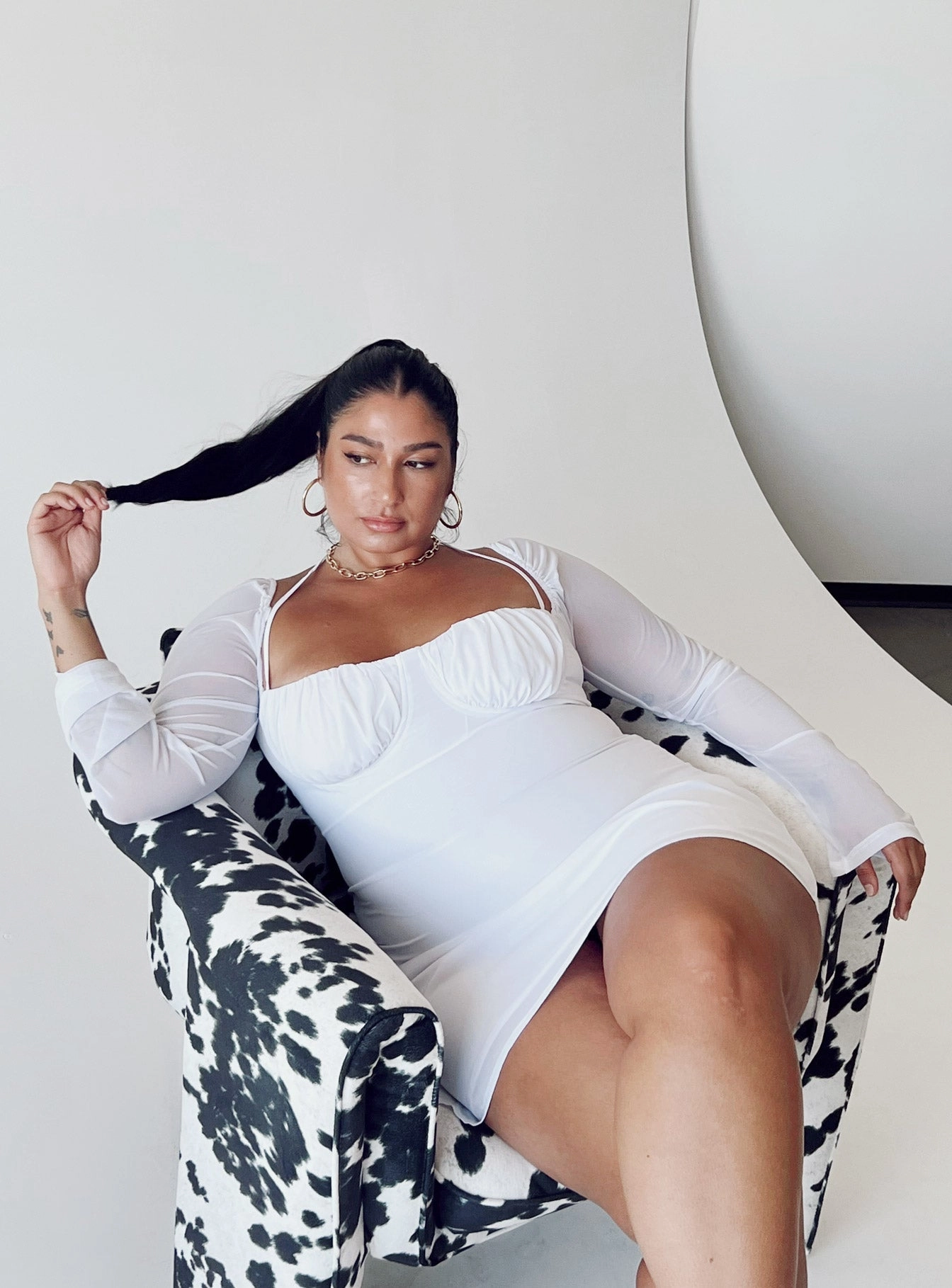 Relaxed Comfort Dyer Sheer Sleeve Mini Dress White Curve