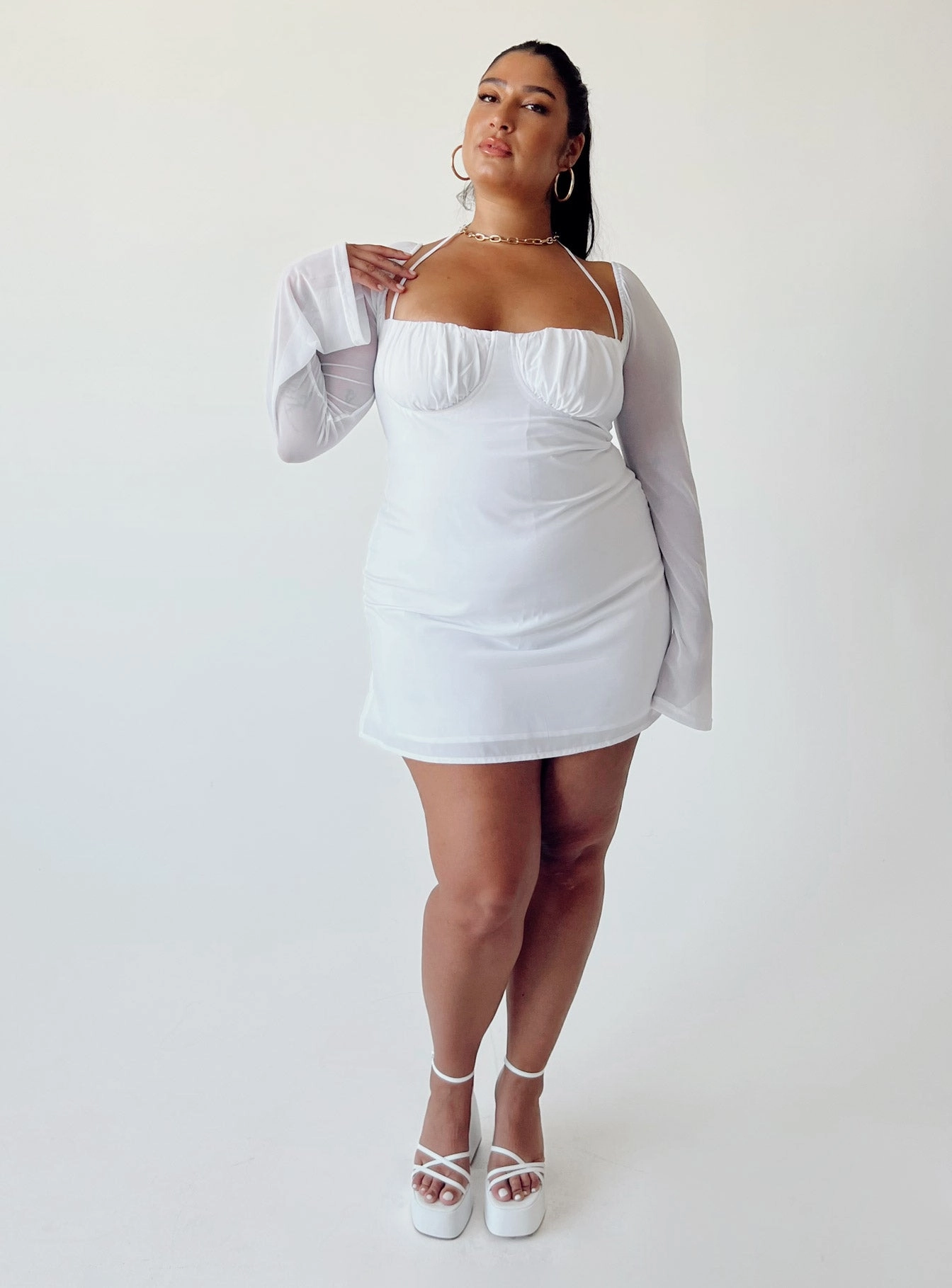 Vibrant Aesthetic Dyer Sheer Sleeve Mini Dress White Curve