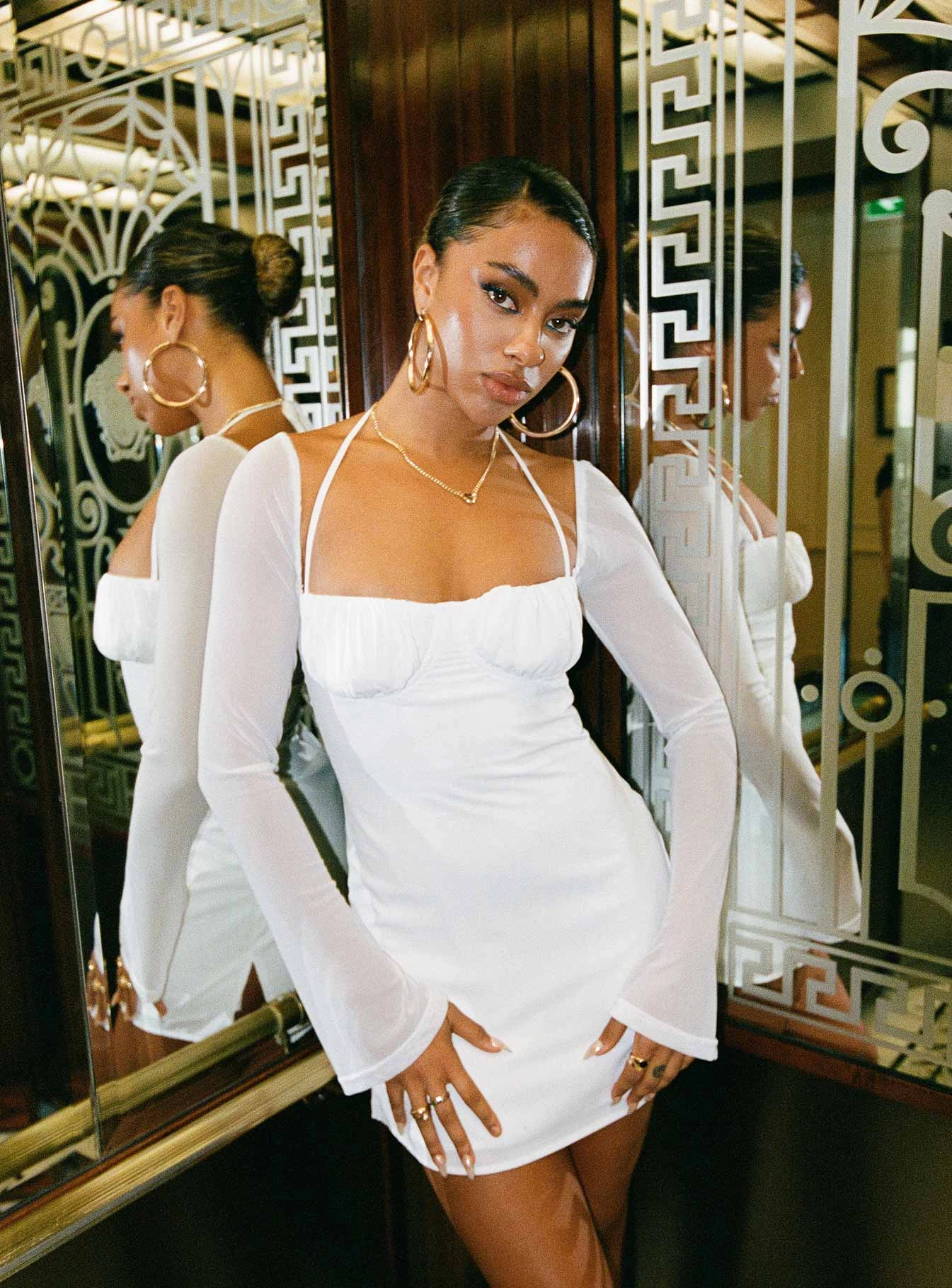 Hot Now Relaxed Layer Dyer Sheer Sleeve Mini Dress White