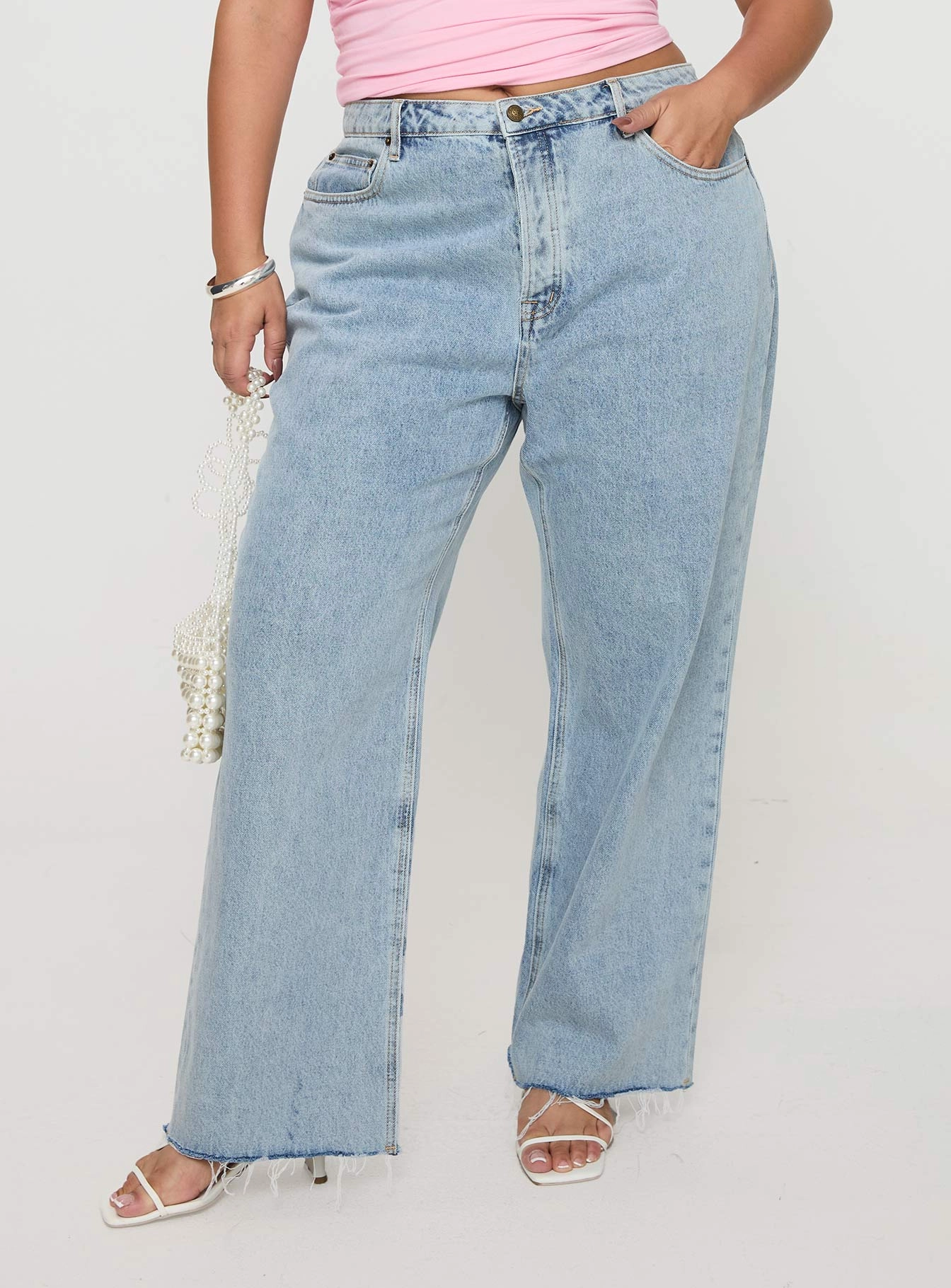 Neutral Look Garment Dyed Texture Fawcett High Rise Straight Leg Jeans Light Blue Wash Curve