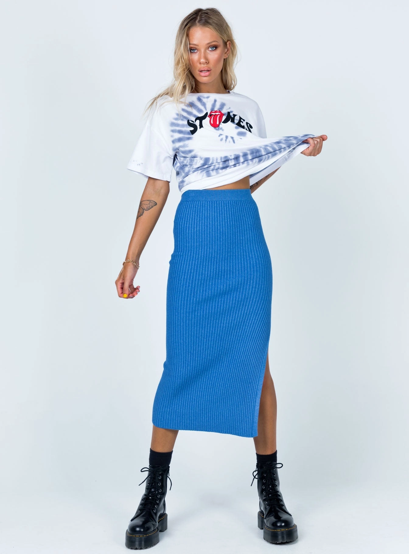 Airy Look Roll Up Hem Tanna Midi Skirt Midnight Blue