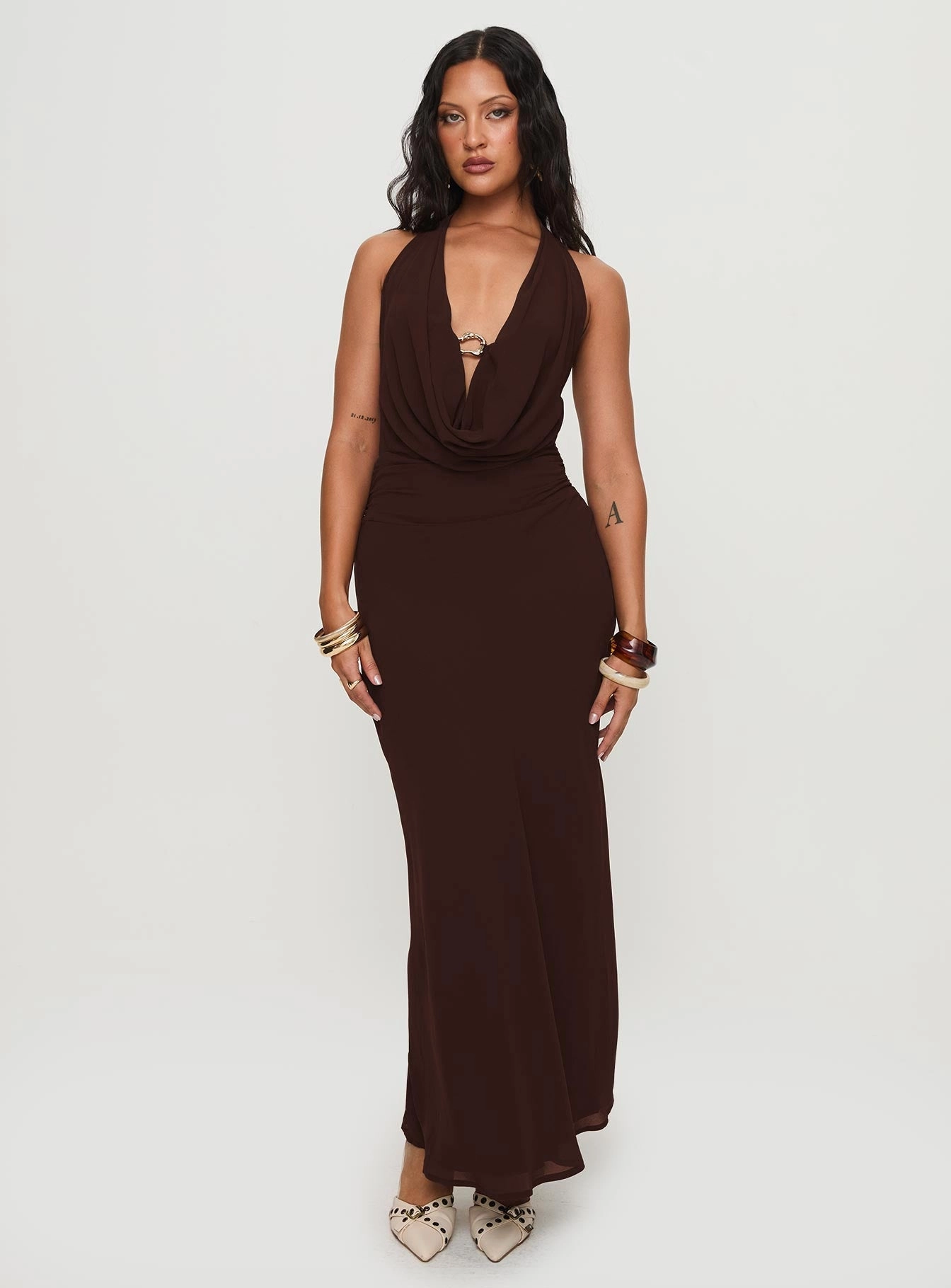 Alejandria Cowl Neck Maxi Dress Chocolate Minimal Detail All-Season Comfort