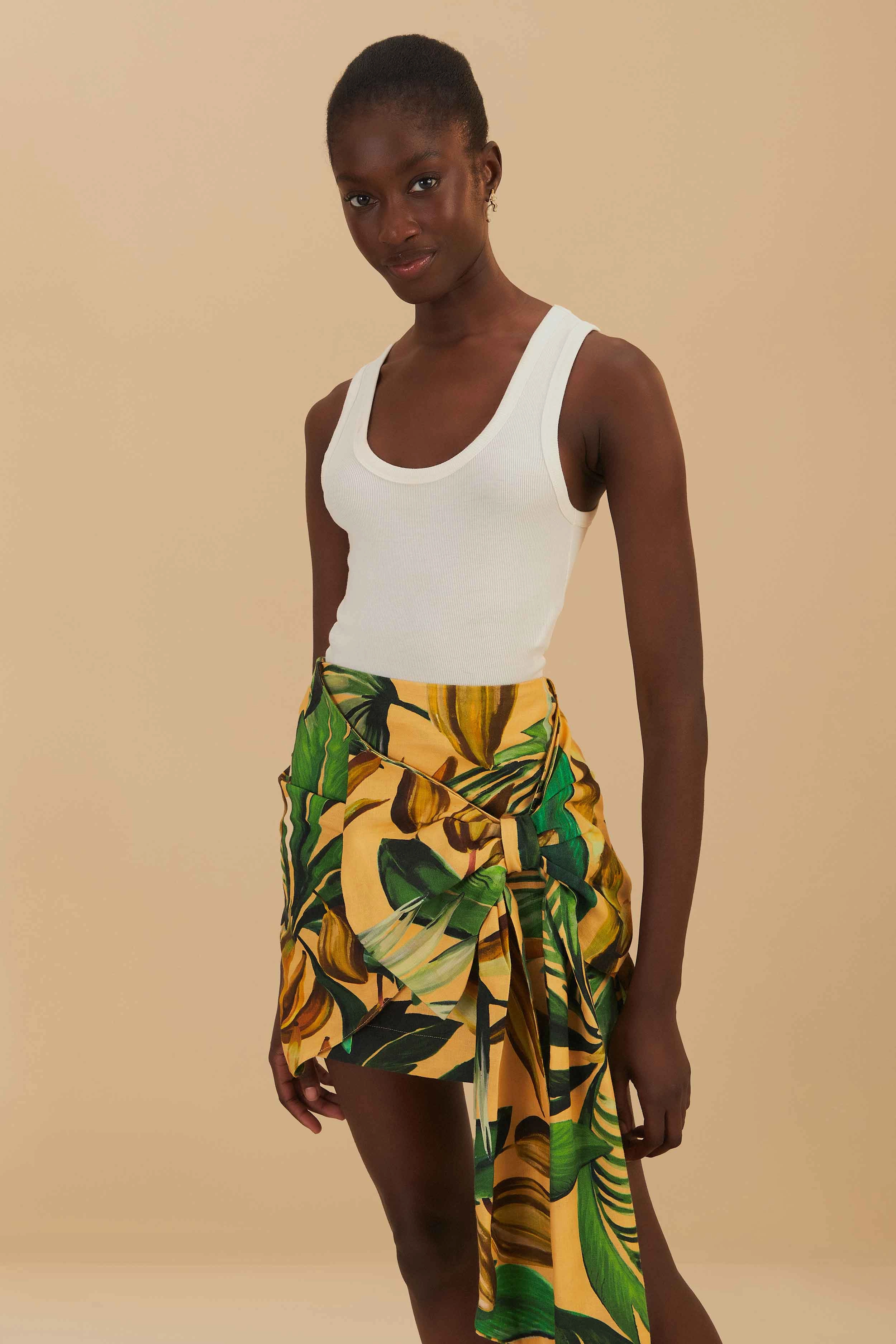 Tapered Cut Layered Style Yellow Bananart Side Bow Mini Skirt