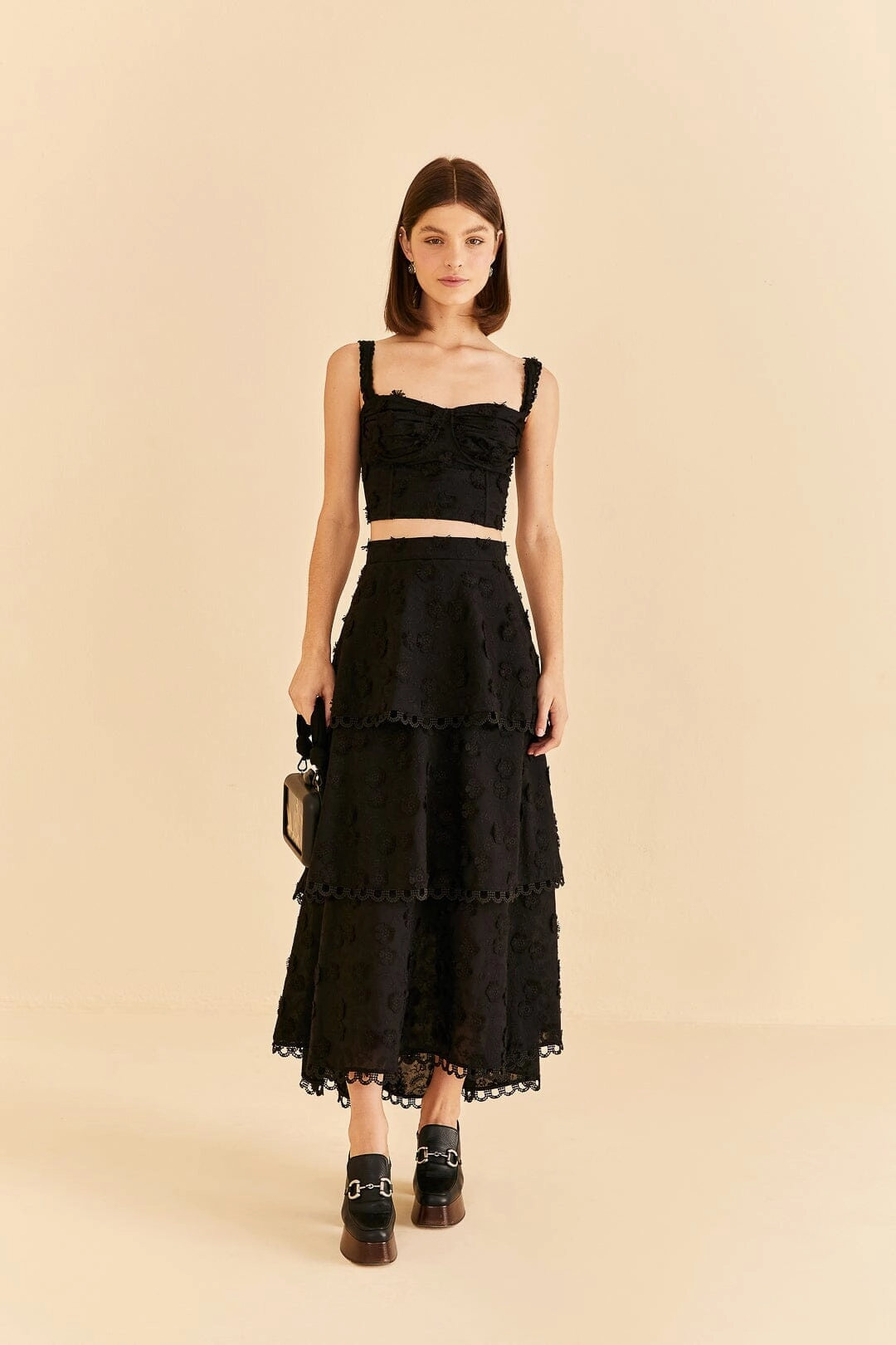 Style Innovation Black 3d Flower Tiered Maxi Skirt