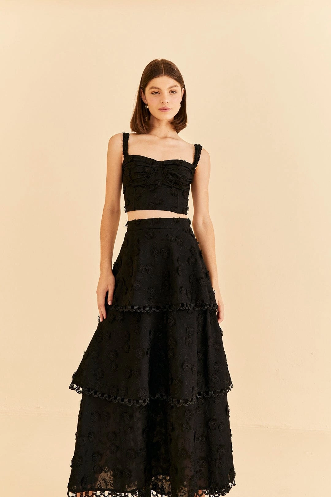 Limited Quantity Stretch Material Black 3d Flower Tiered Maxi Skirt