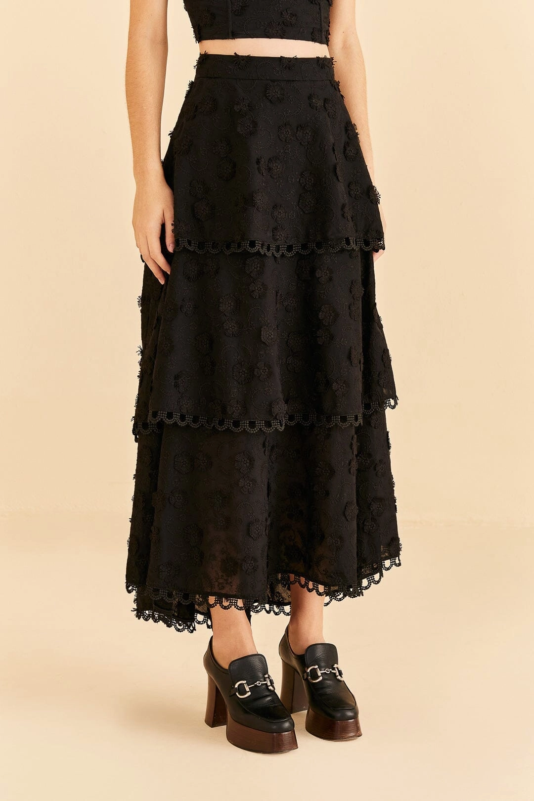 Black 3d Flower Tiered Maxi Skirt Functional Detail Cozy Vibe