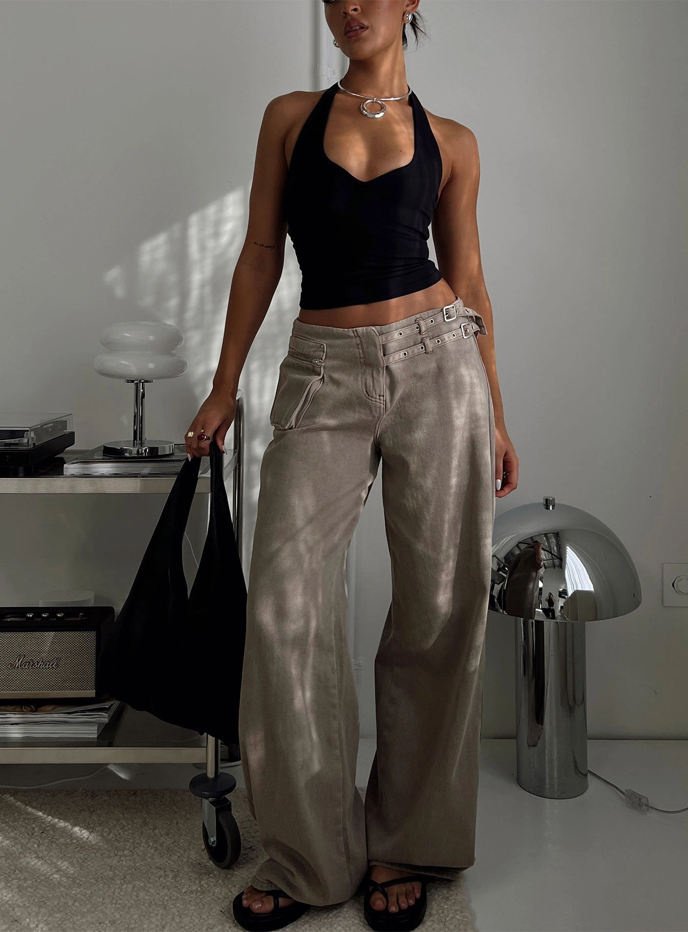 Paltrow Mid Rise Wide Leg Cargo Jeans Washed Brown Quality Material Practical Style