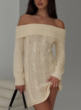 Snow Angel Off Shoulder Knit Jumper Mini Dress Cream Inclusive Fit Evening Classic