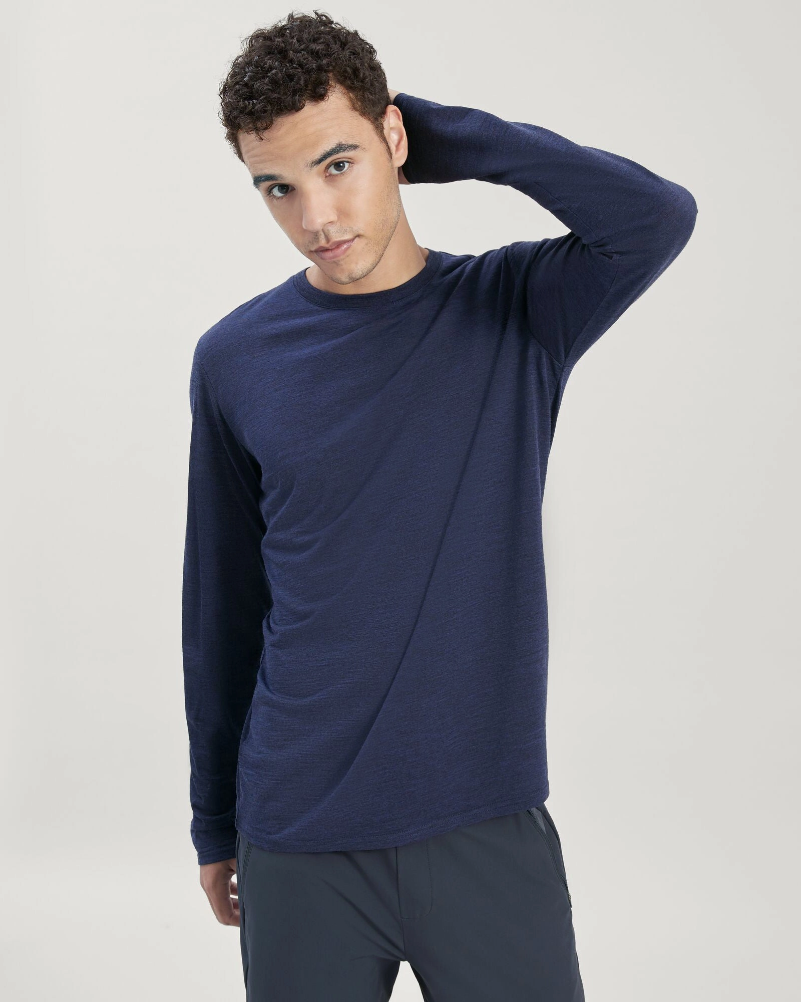 Non Restrictive Armhole Cozy Stretch Men's 100% Merino Long Sleeve Crew Top - Midnight Navy Marle