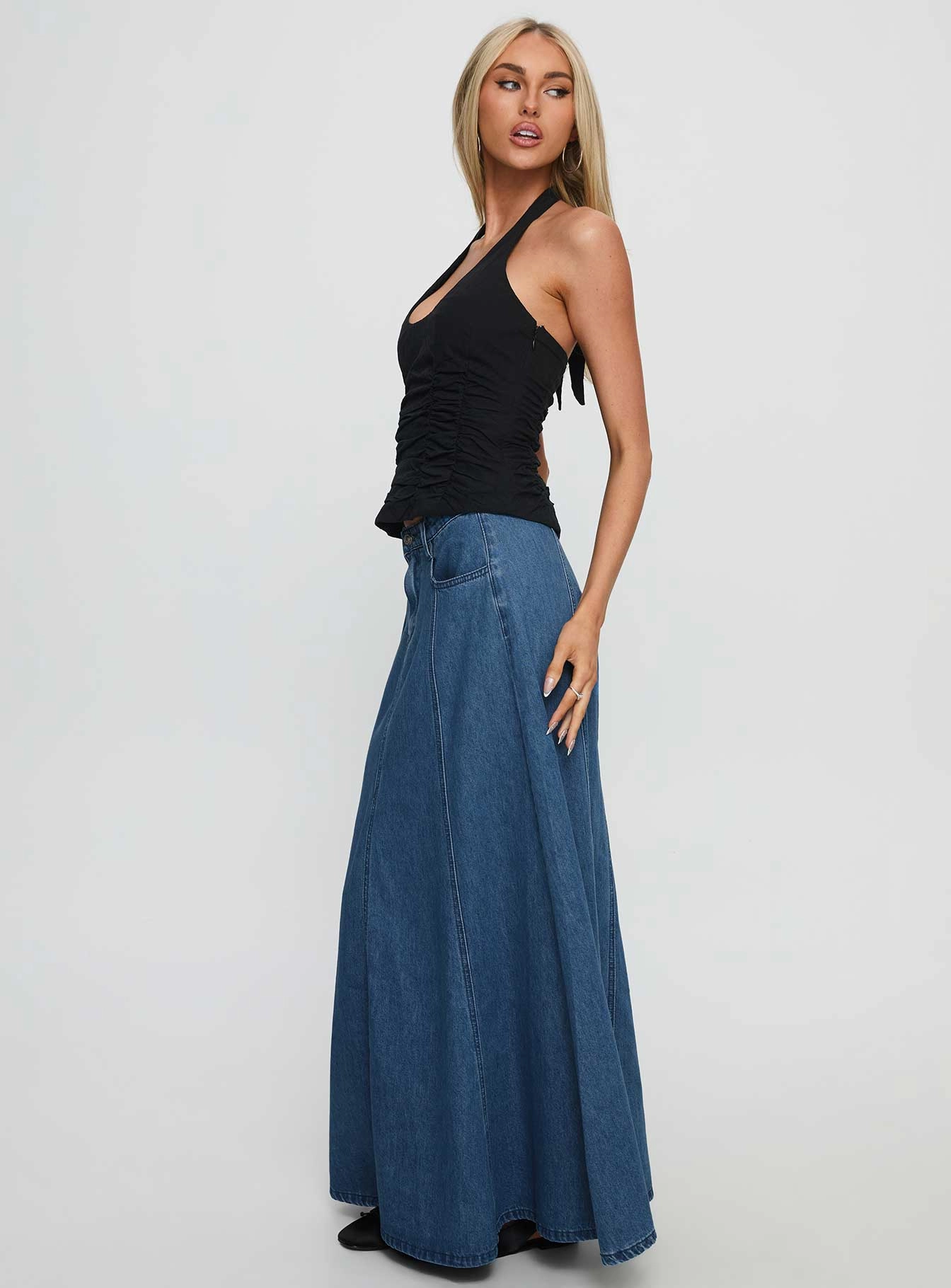 Opaque Lining Unisex style Charleigh Soft Pleat Denim Maxi Skirt Mid Blue Wash