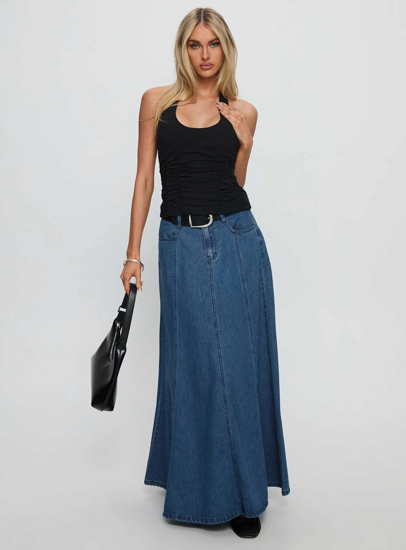 Charleigh Soft Pleat Denim Maxi Skirt Mid Blue Wash Heritage Inspired