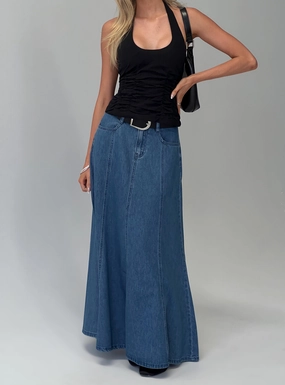 Durable Stitching Charleigh Soft Pleat Denim Maxi Skirt Mid Blue Wash