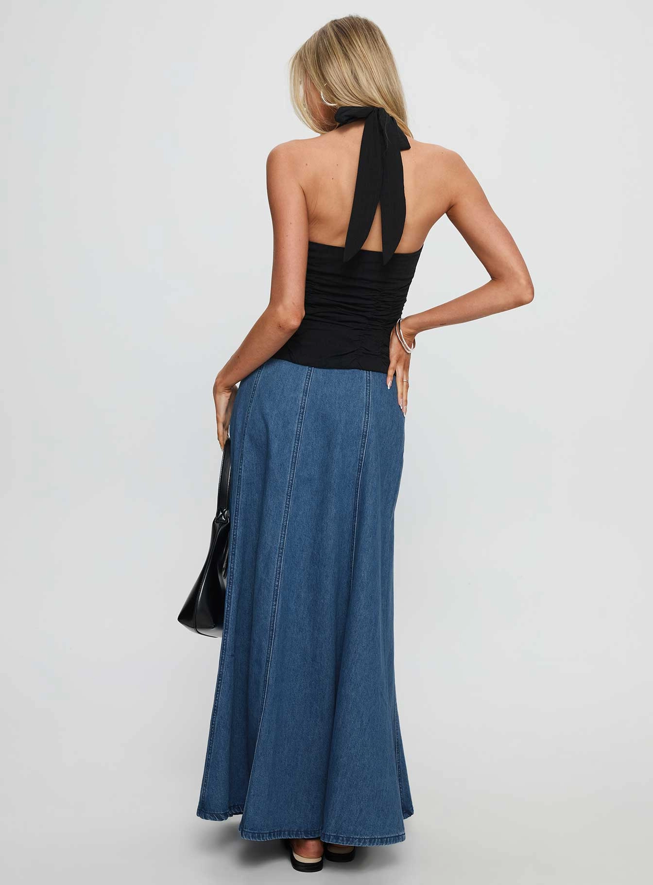 Minimal Vibes Contemporary Mood Charleigh Soft Pleat Denim Maxi Skirt Mid Blue Wash
