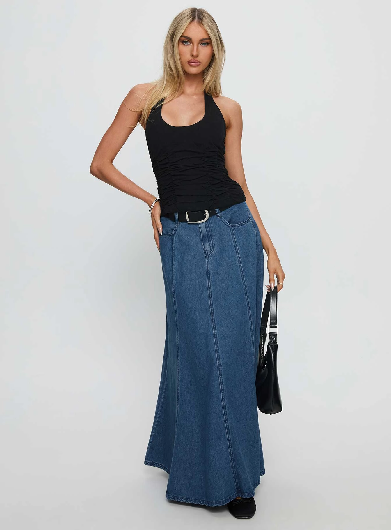 Charleigh Soft Pleat Denim Maxi Skirt Mid Blue Wash Simple Fashion