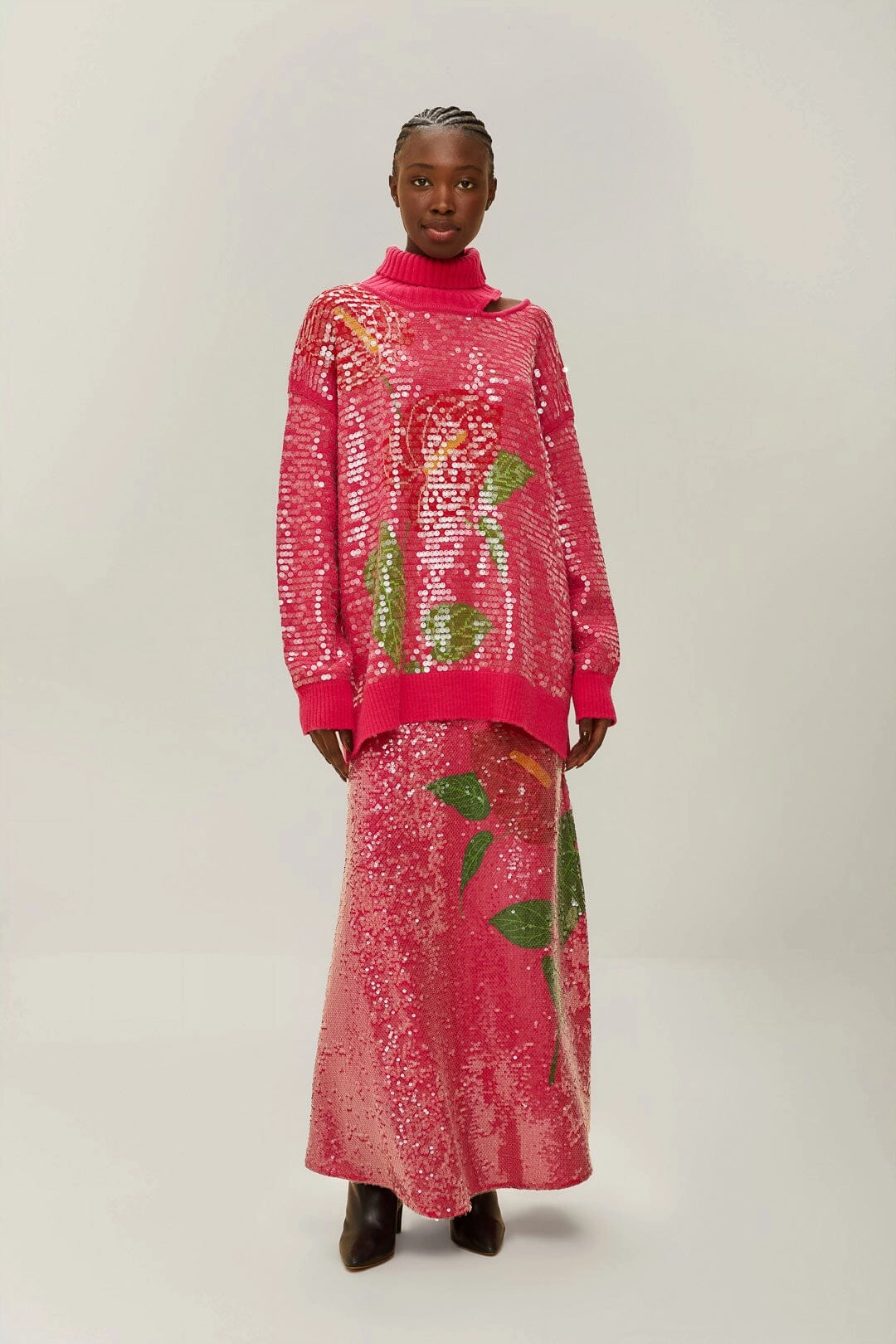 Tassel accents Pink Anthurium Flowers Sequins Midi Skirt