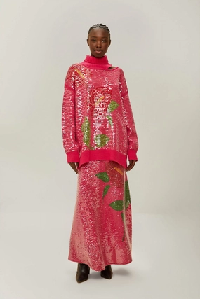 Simple Motion Pink Anthurium Flowers Sequins Midi Skirt