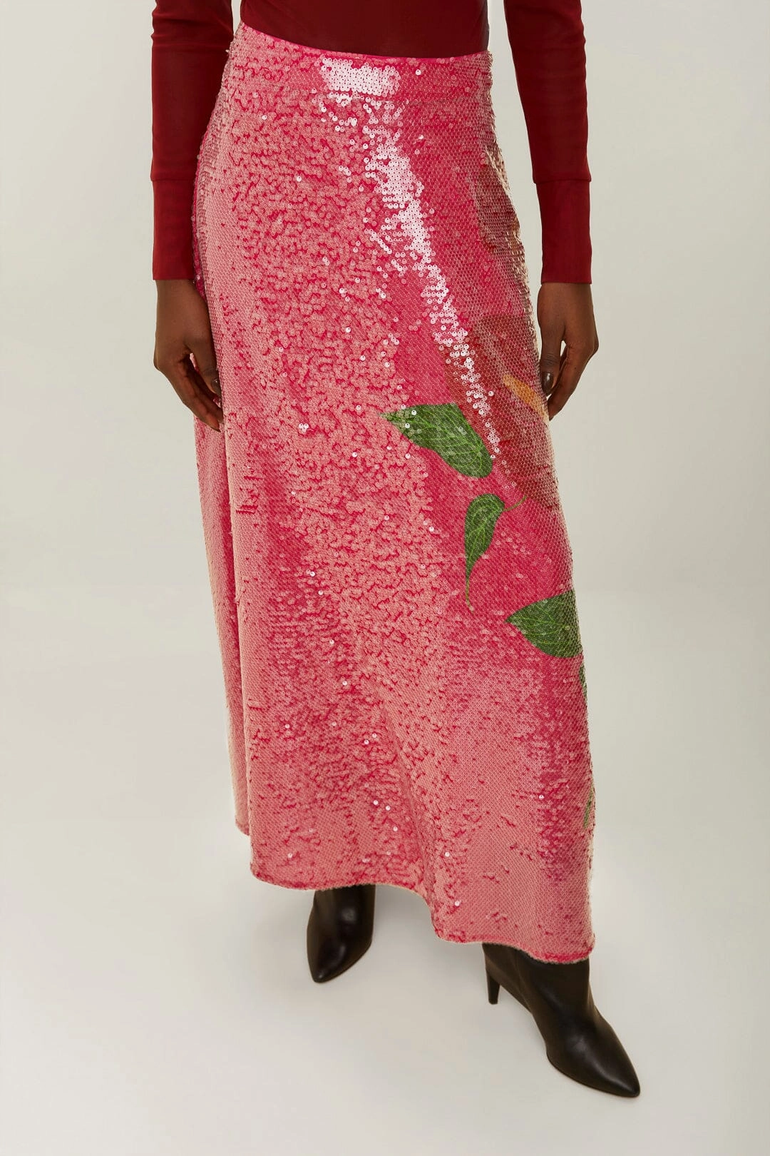 Bold Accent Pink Anthurium Flowers Sequins Midi Skirt
