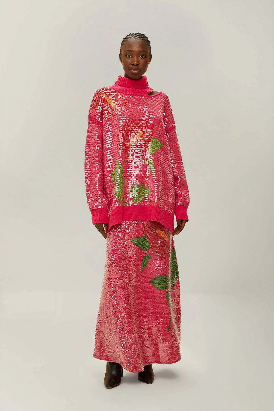 Simple Motion Pink Anthurium Flowers Sequins Midi Skirt