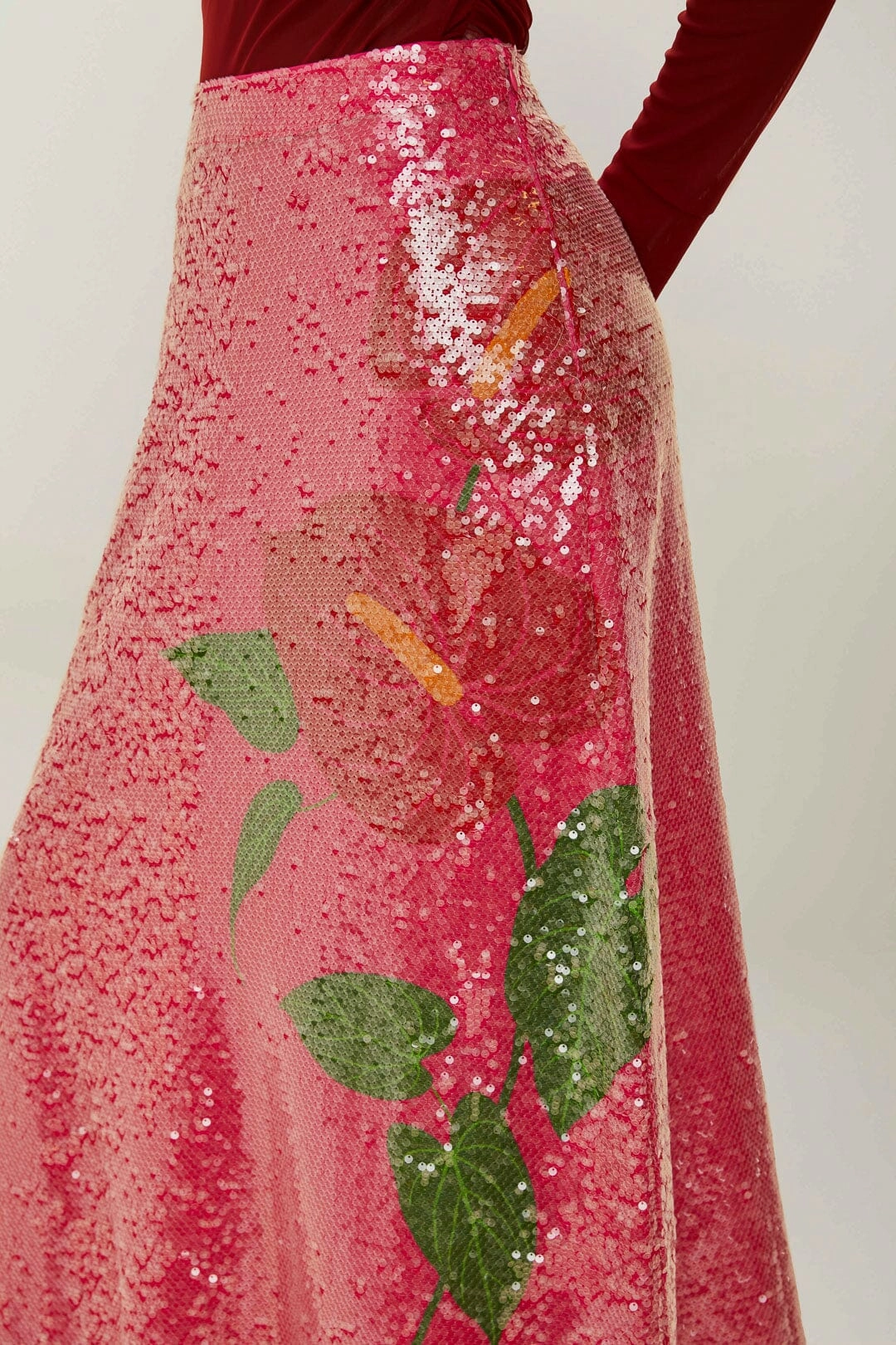 Easy Care smooth zipper Pink Anthurium Flowers Sequins Midi Skirt