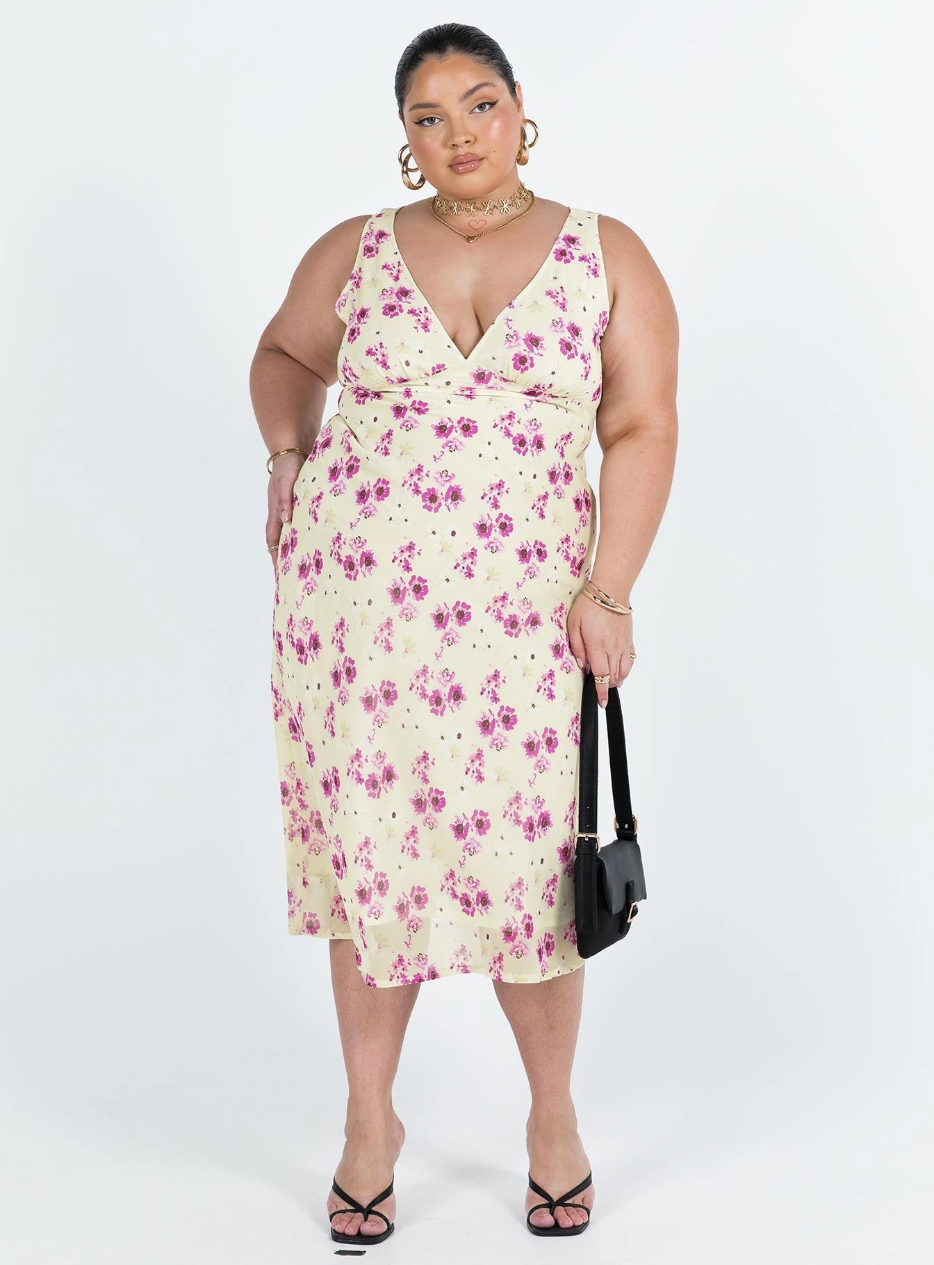 Nellie Midi Dress Yellow Floral Curve Adjustable-Length Satin-Edge
