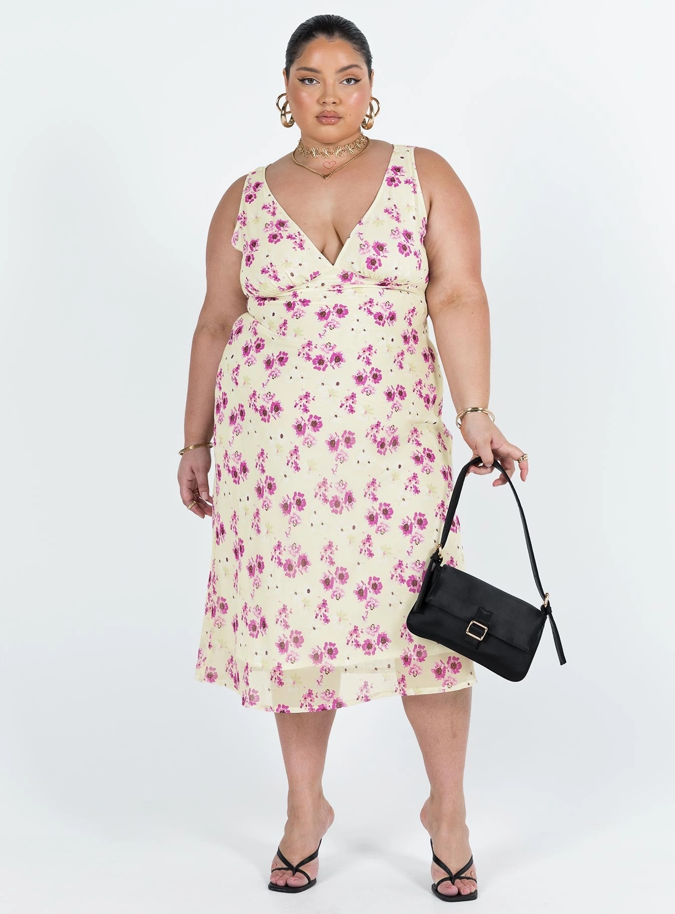 Nellie Midi Dress Yellow Floral Curve Simple Form Subtle Drape
