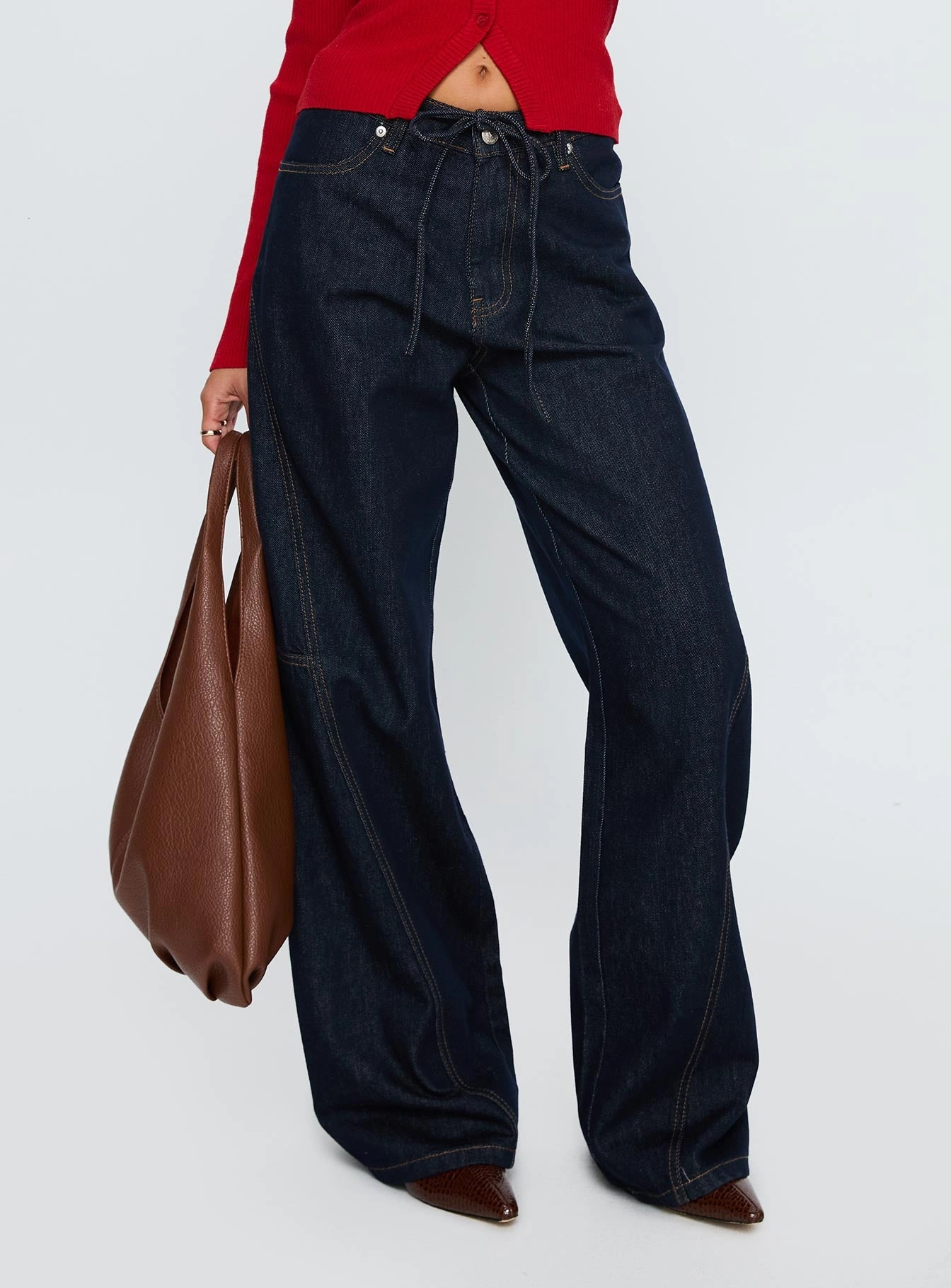 All Purpose Eco Certified Textile Standards Bruiser Tie Waist Mid Rise Wide Leg Jeans Dark Indigo