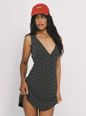 Lace-Edge AntiStaticMaterial Nellie Mini Dress Black Polka Dot