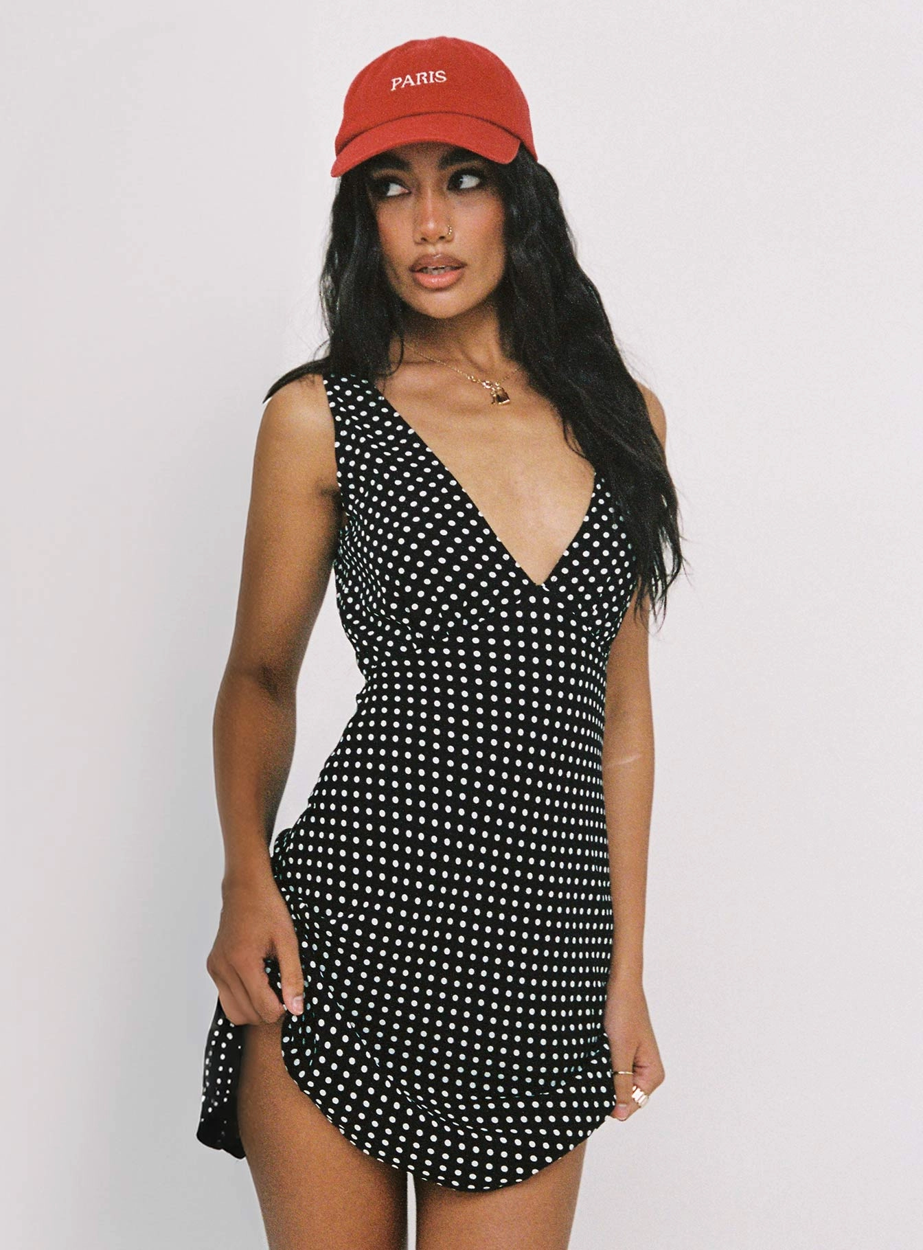 Lace-Edge AntiStaticMaterial Nellie Mini Dress Black Polka Dot