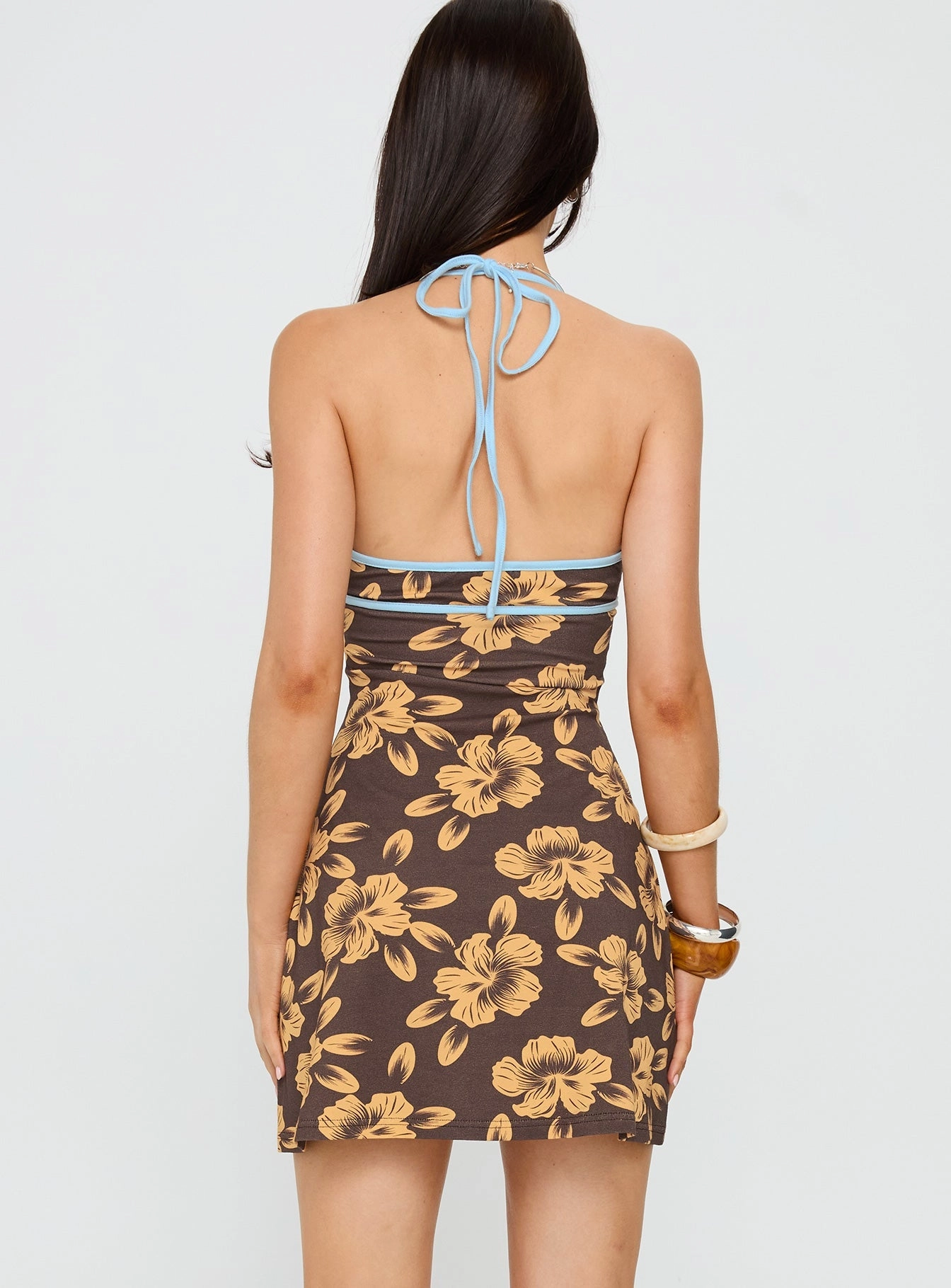 Mishie Halter Mini Dress Brown / Blue Floral Moment Soft Silk Shine