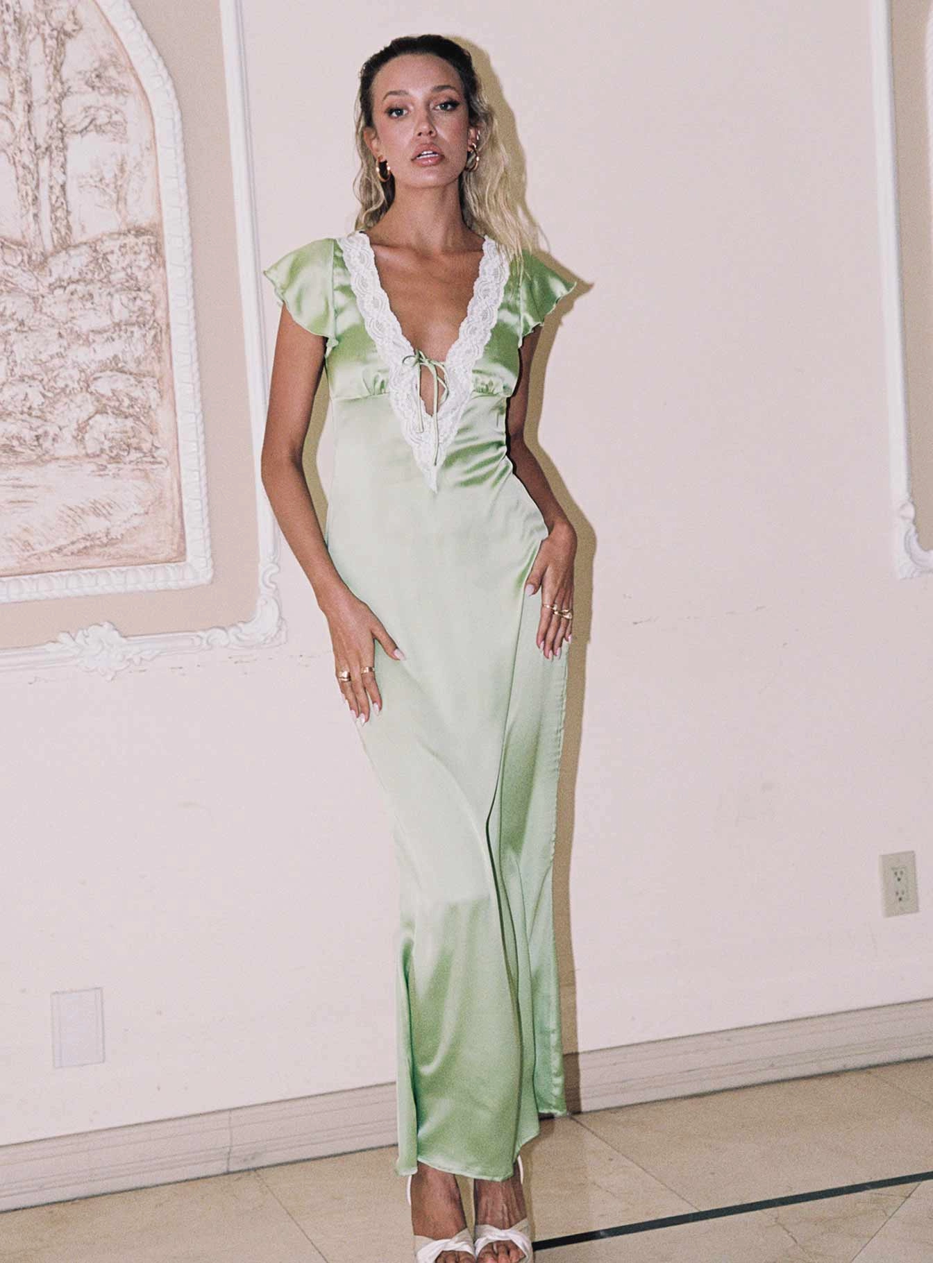 Armas Lace Trim Maxi Dress Green Delicate Details