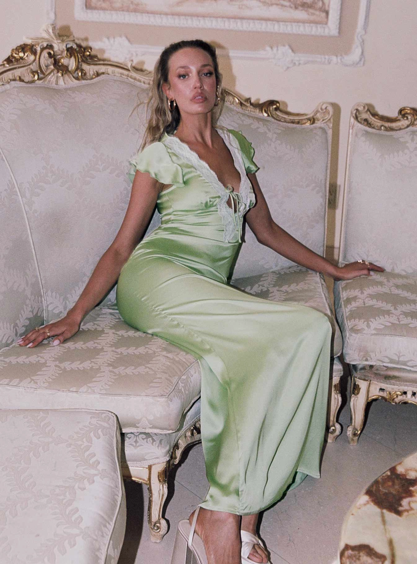 Easy Layers Refined Line Armas Lace Trim Maxi Dress Green