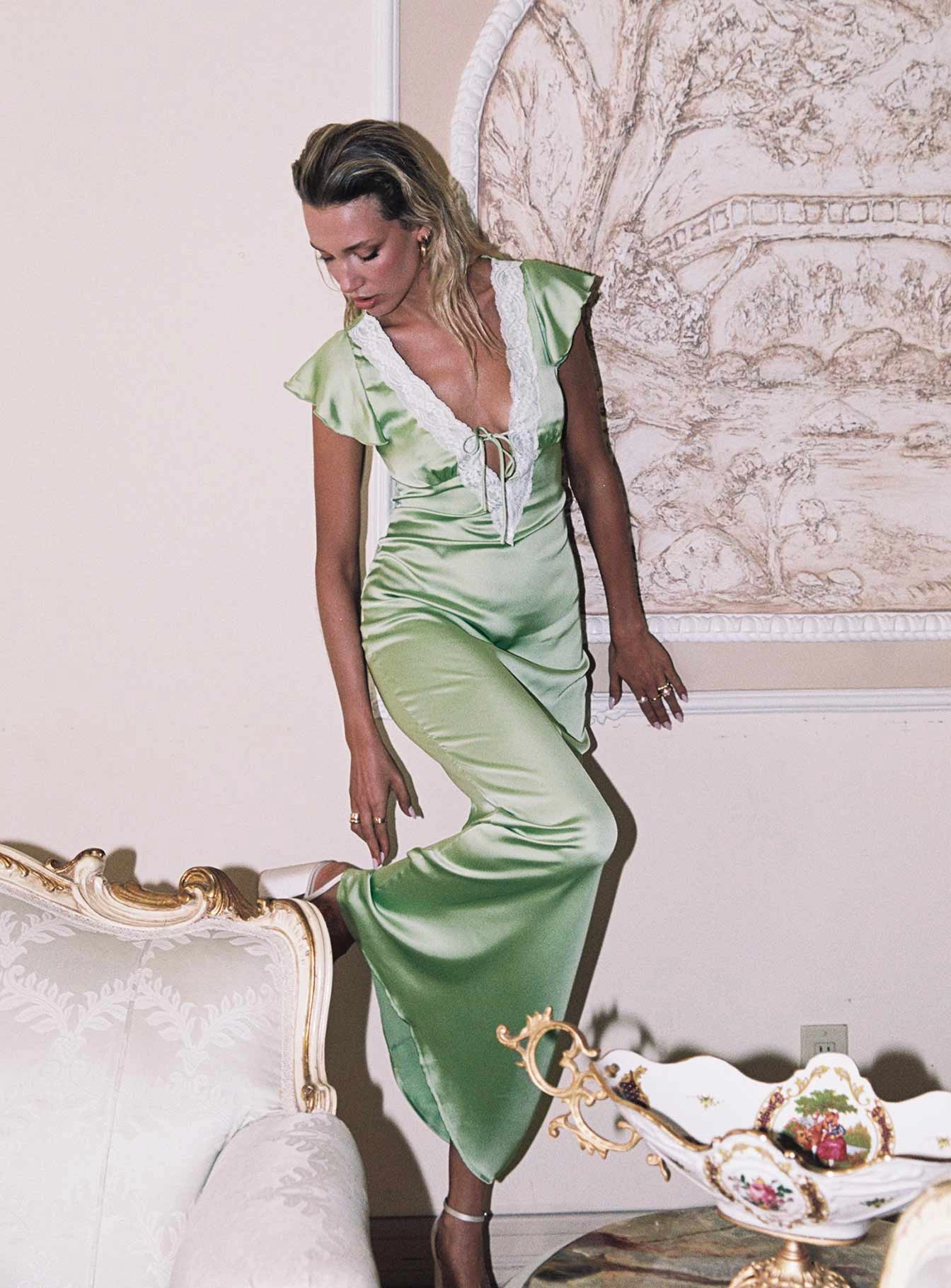 Armas Lace Trim Maxi Dress Green Comfortable Layer Flattering Shape