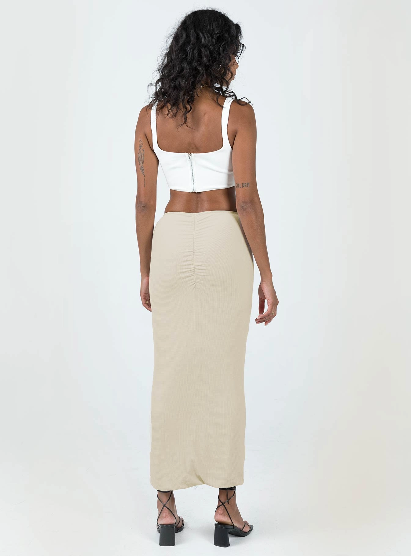 Elidy Maxi Skirt Beige Frayed Finish Shape Enhancing