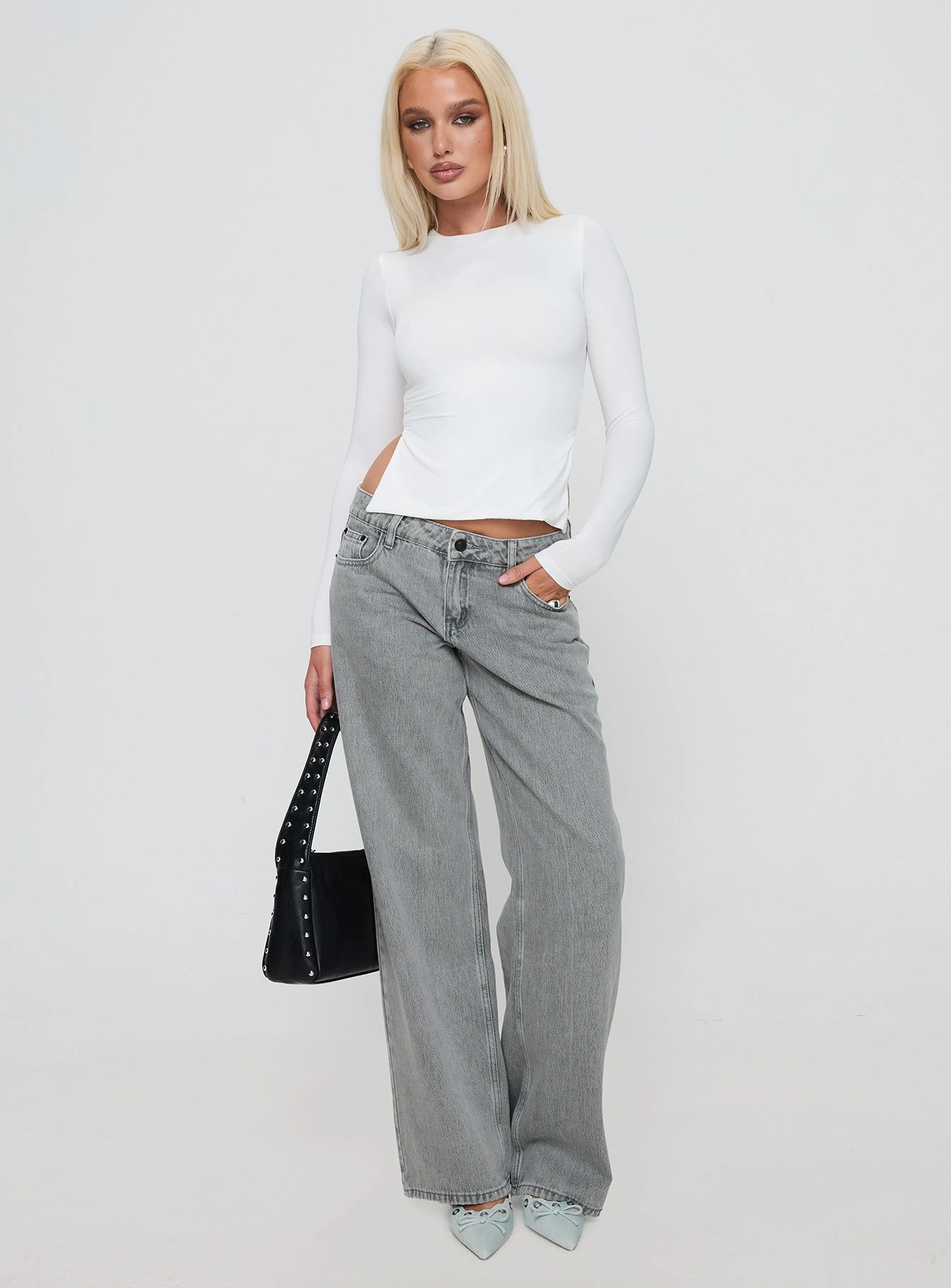 Outdoor Adventure Stylish Artist Vibe Work Meeting Casual Ellanor Low Rise Straight Leg Jeans Washed Grey Petite