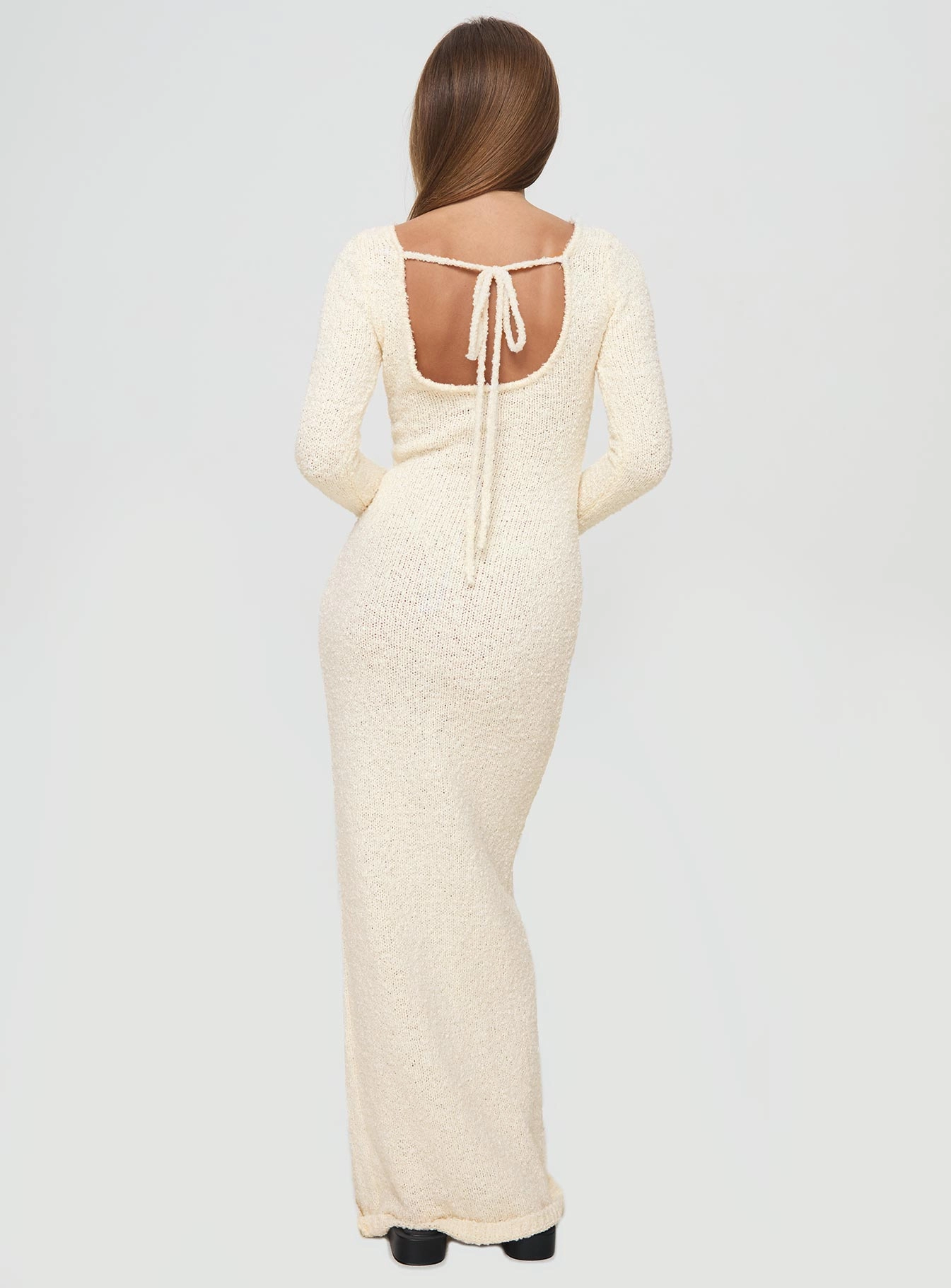 Satin-Sleeve Cosy Up Long Sleeve Boucle Maxi Dress Cream