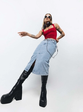 Fresh Energy Fresh Detail Endgate Midi Skirt Mid Wash Denim
