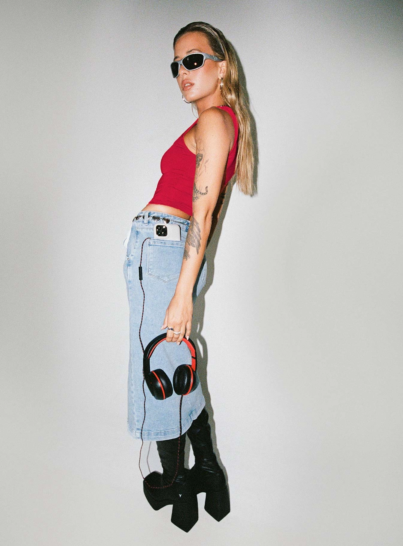 Endgate Midi Skirt Mid Wash Denim Wrap Front