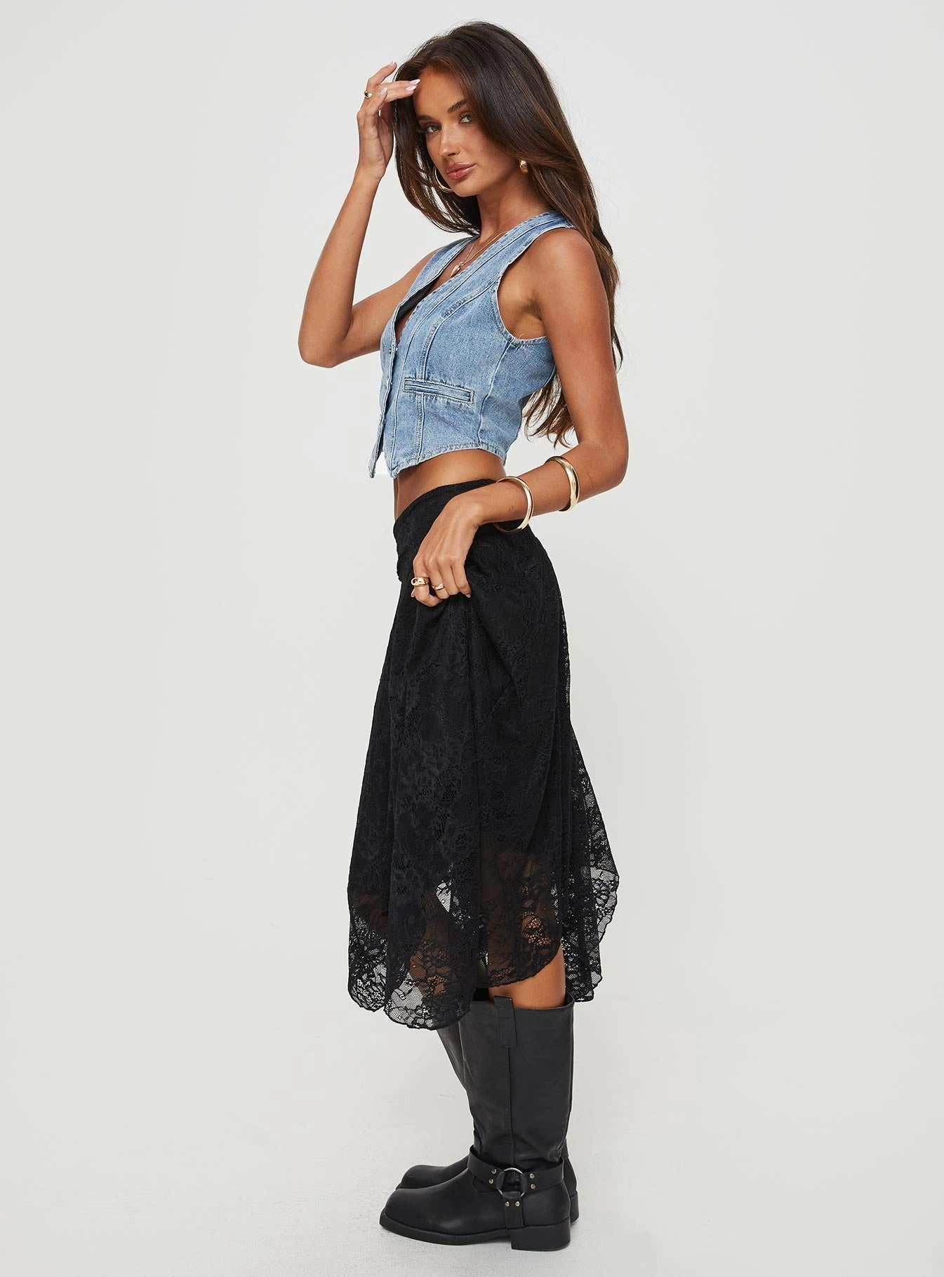 Enslee Midi Skirt Black Gather Details Summer Picnic