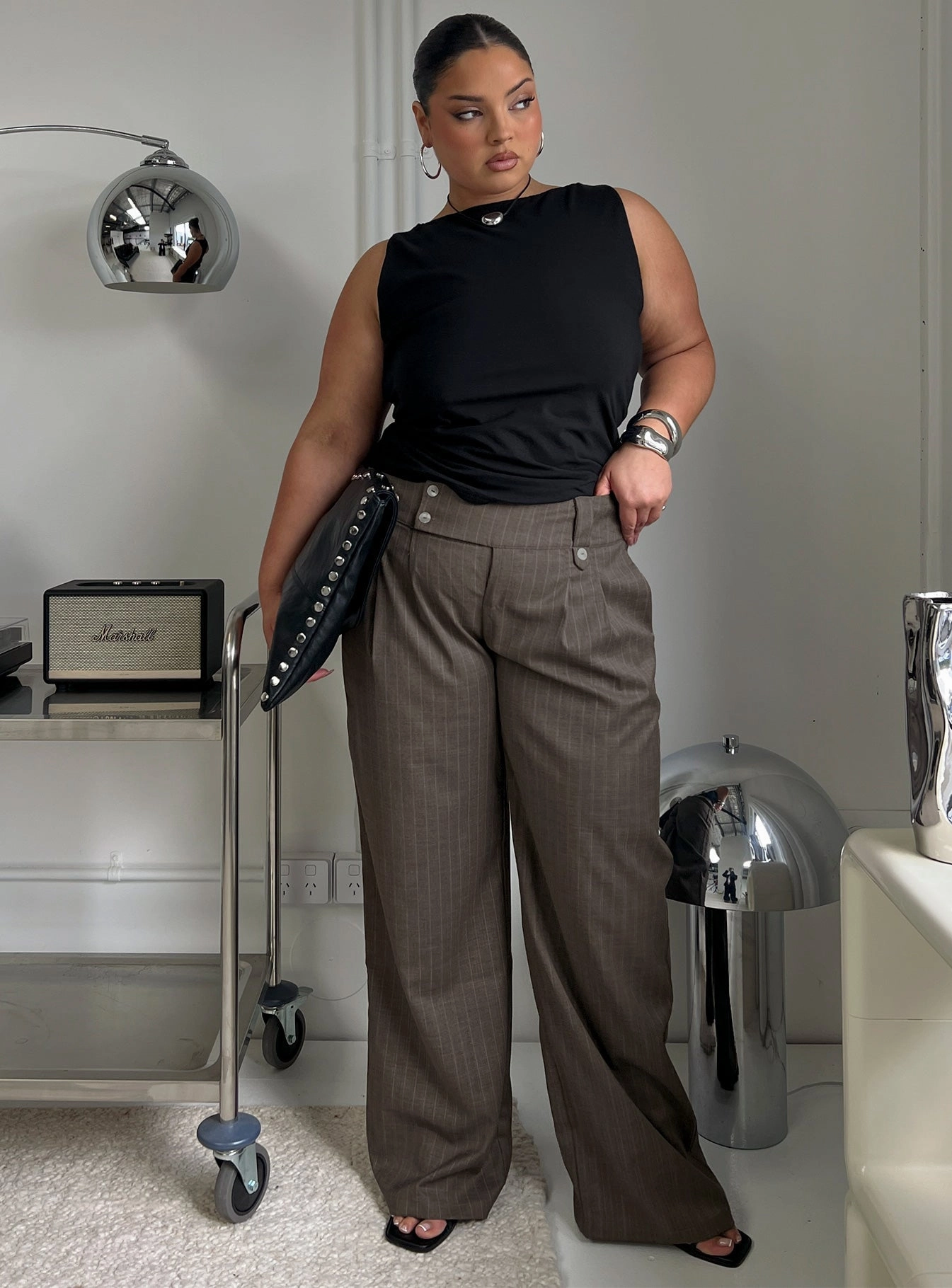Briellea Thick Waistband Pant Pinstripe Curve Core Basic Neutral Tone