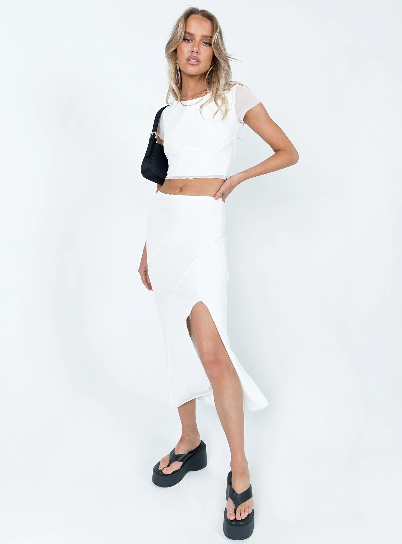 light texture High Rise Erika Midi Skirt White