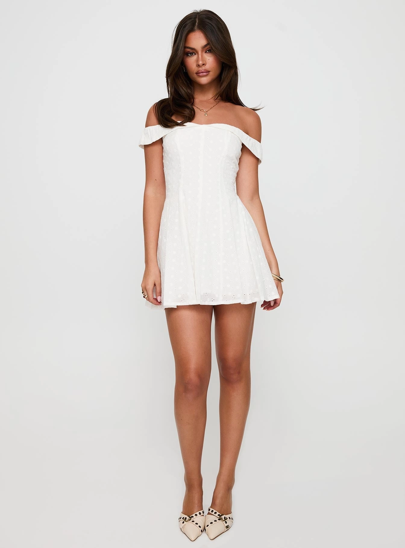 Rosebud Broderie Off The Shoulder Mini Dress White Solid-color Style Base