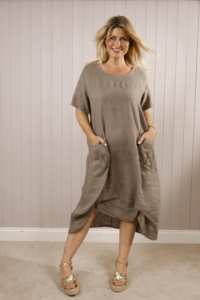 Trendy Layer Front pocket Linen dress Mocha